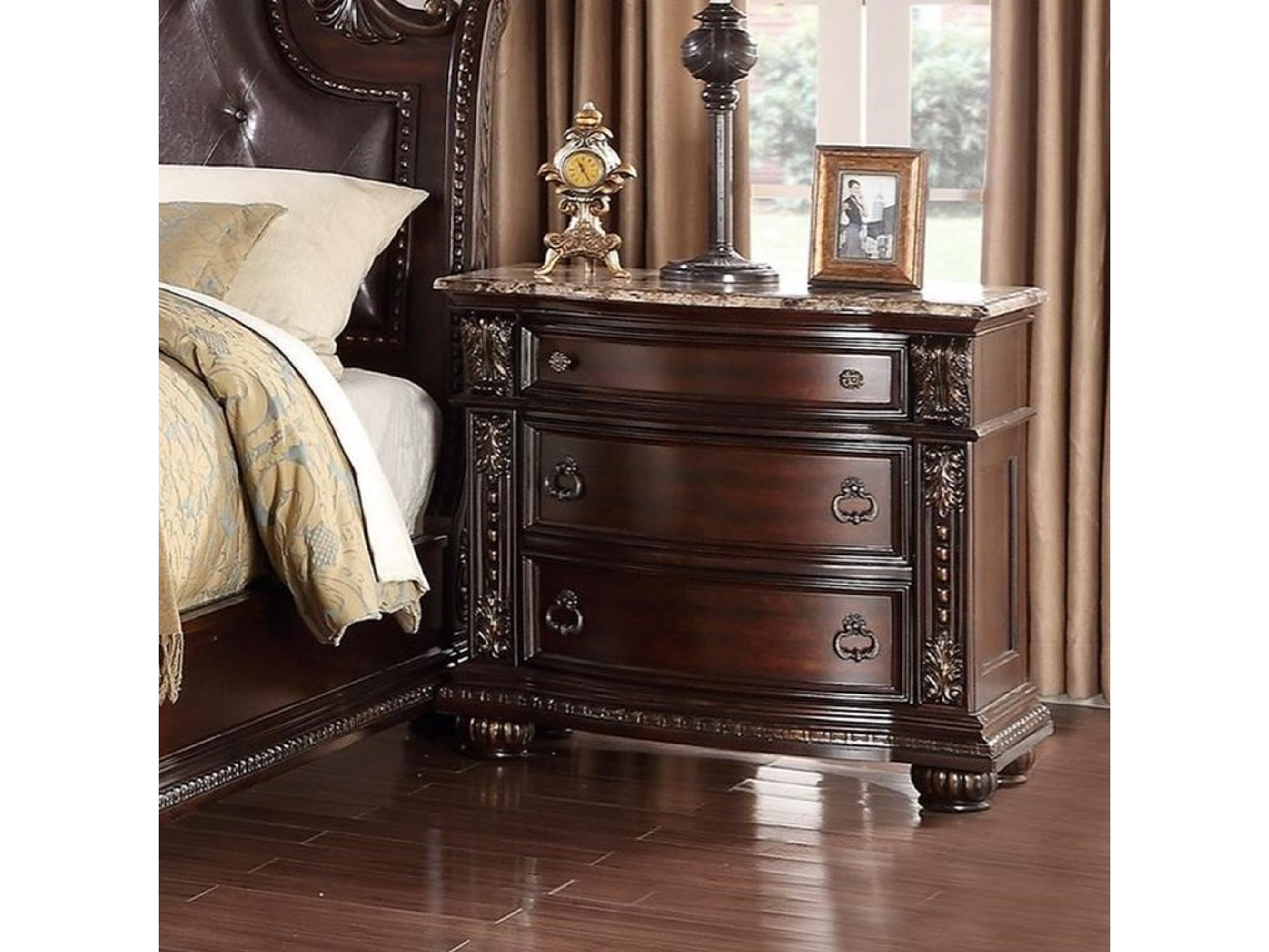 1Pc Traditional Style End Table 3-Drawer Nightstand with Marble Top Rich Brown Cherry Finish Solid Wood Wooden Bedroom