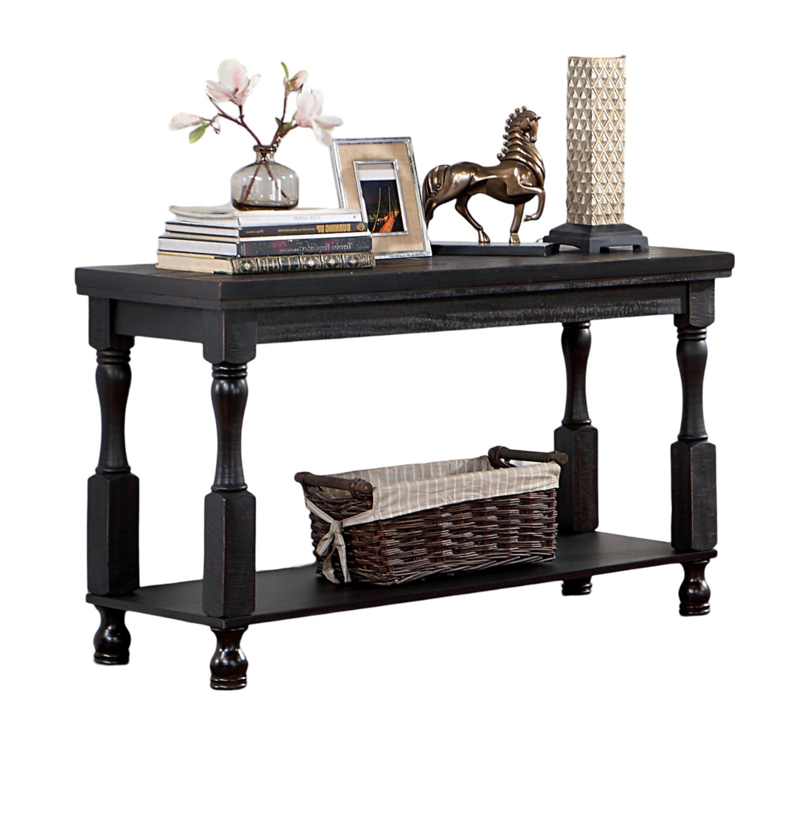 Rustic Style Antique Black 1pc SOFA TABLE Open Bottom Shelf Plank Style Table Top Living Room Furniture