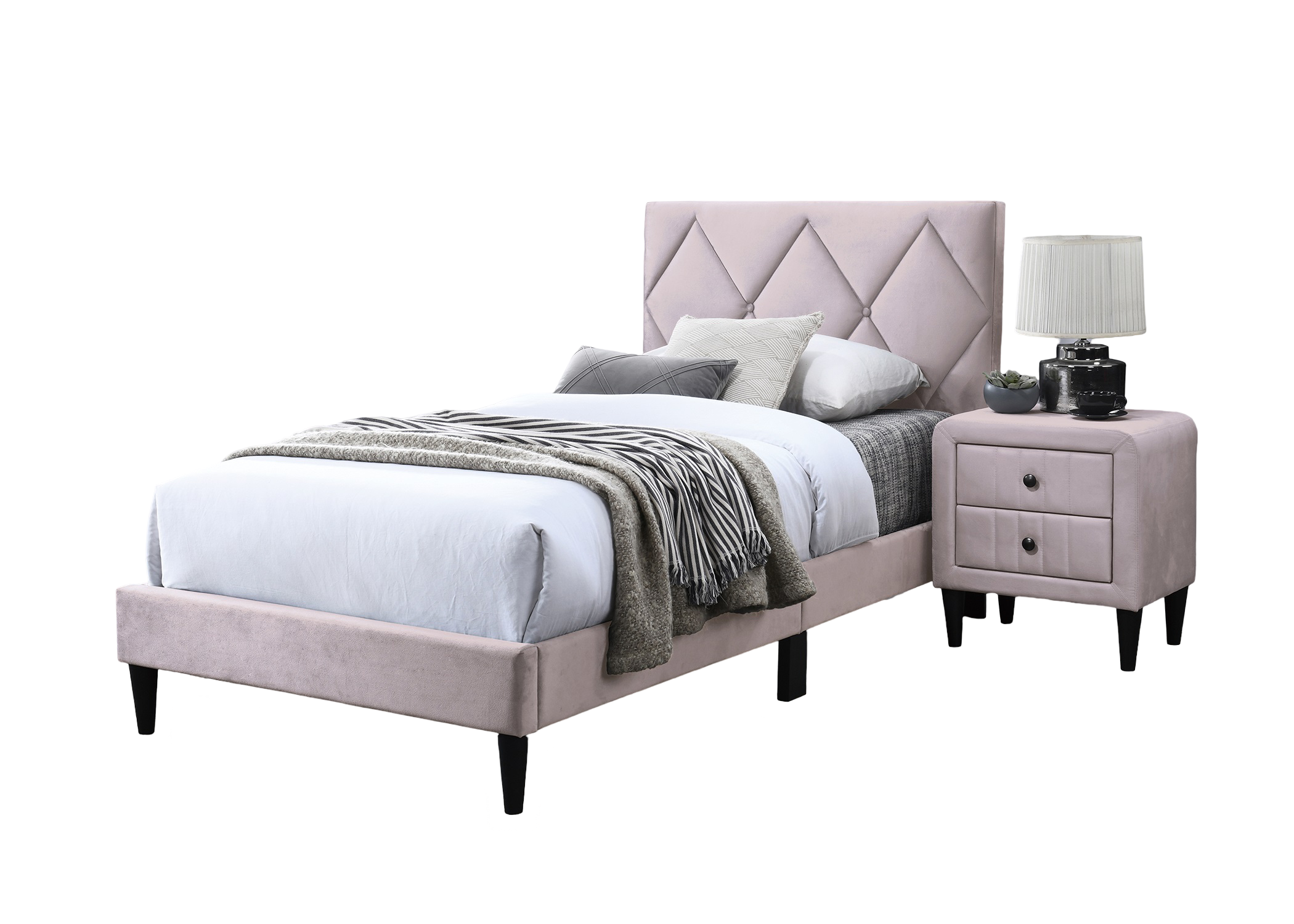 Full Size Bed w Adjustable Headboard 1pc Bedframe, Light Pink Velvet Upholstered Youth Bedroom Furniture