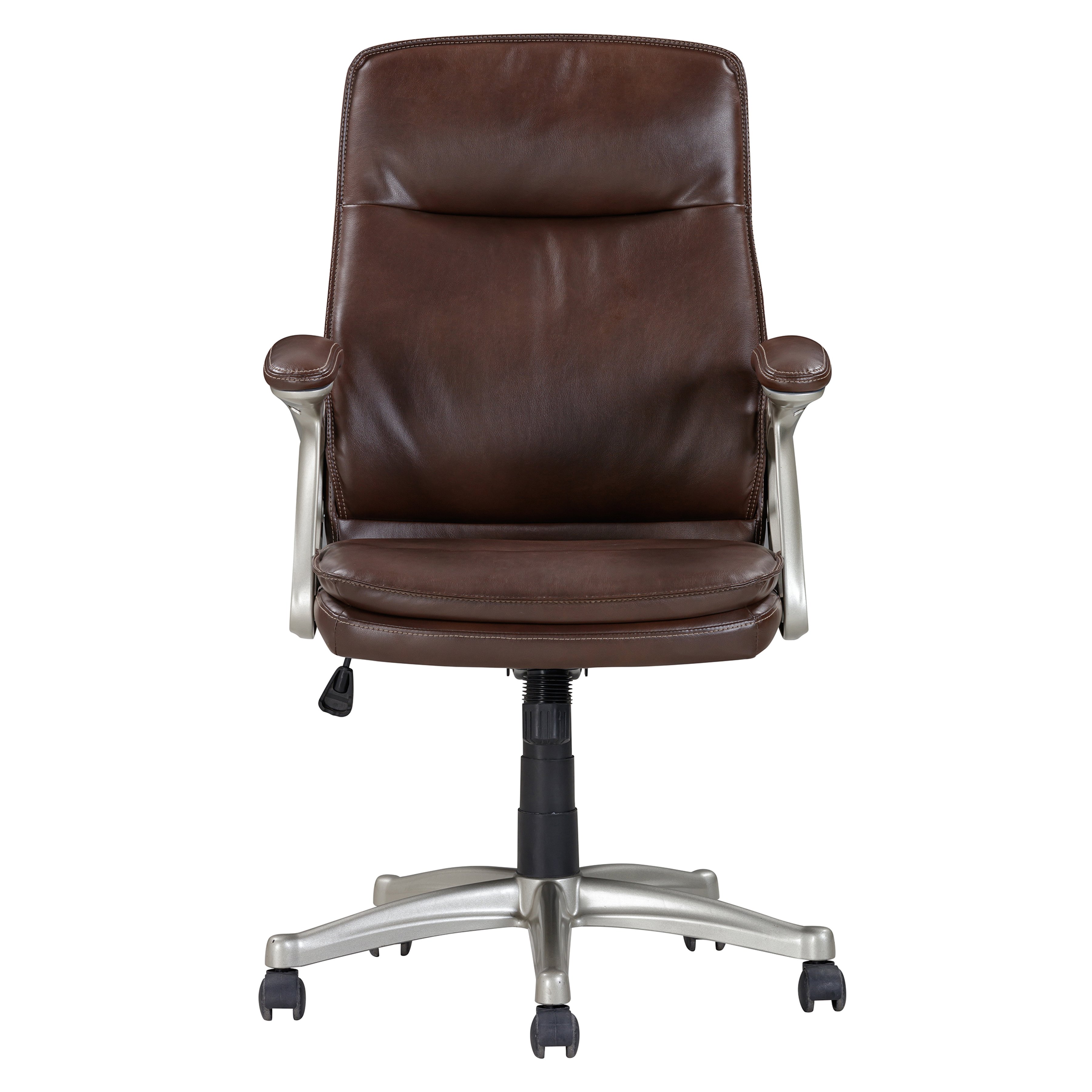 Mid Back Brown Faux Leather Swivel Office Executive Chair, Ergonomic Conference Desk Chair, Brown/Silver