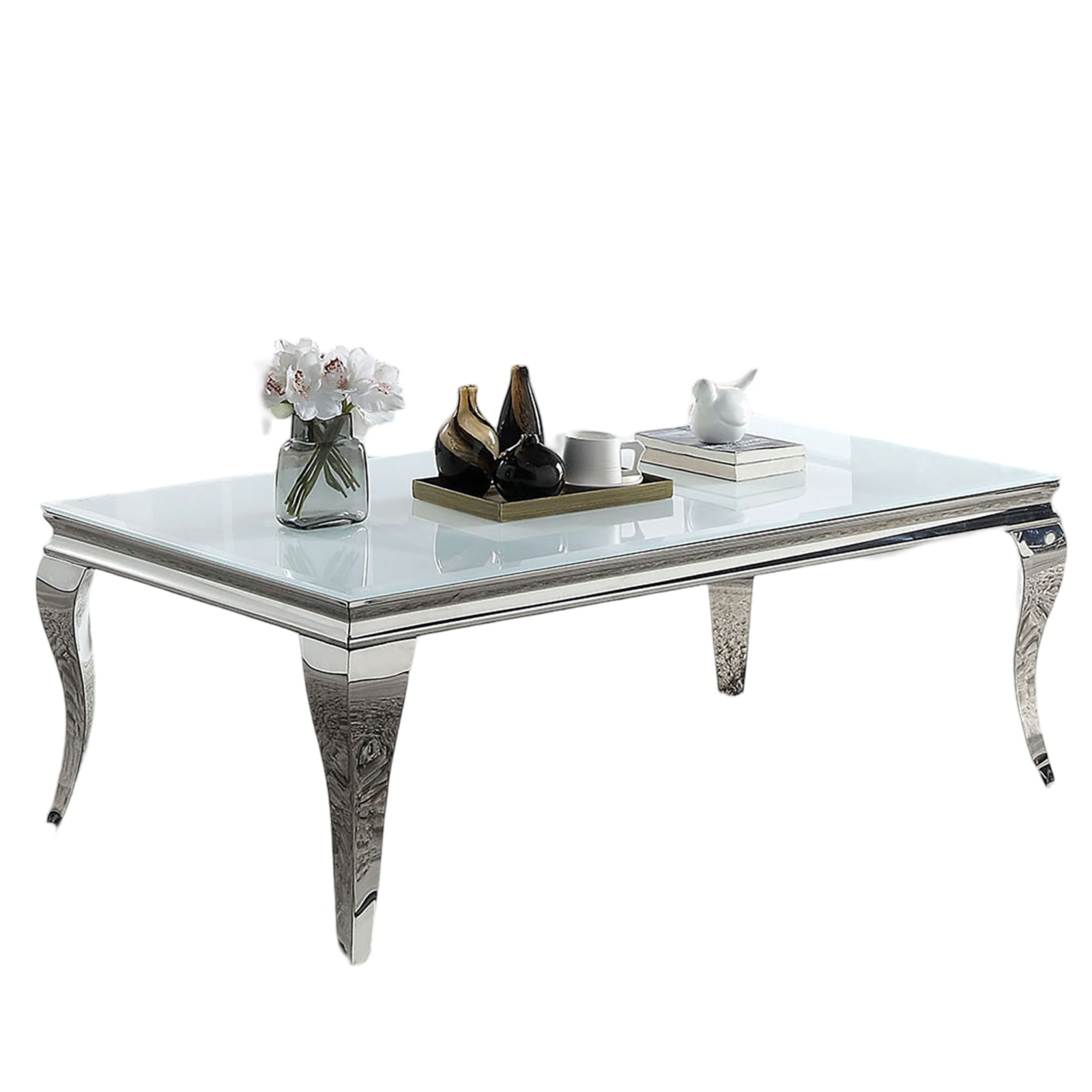 Glam Contemporary 1pc Coffee Table White Glass Top Silver Color Table Living Room Stainless Steel Cabriole-Style Legs