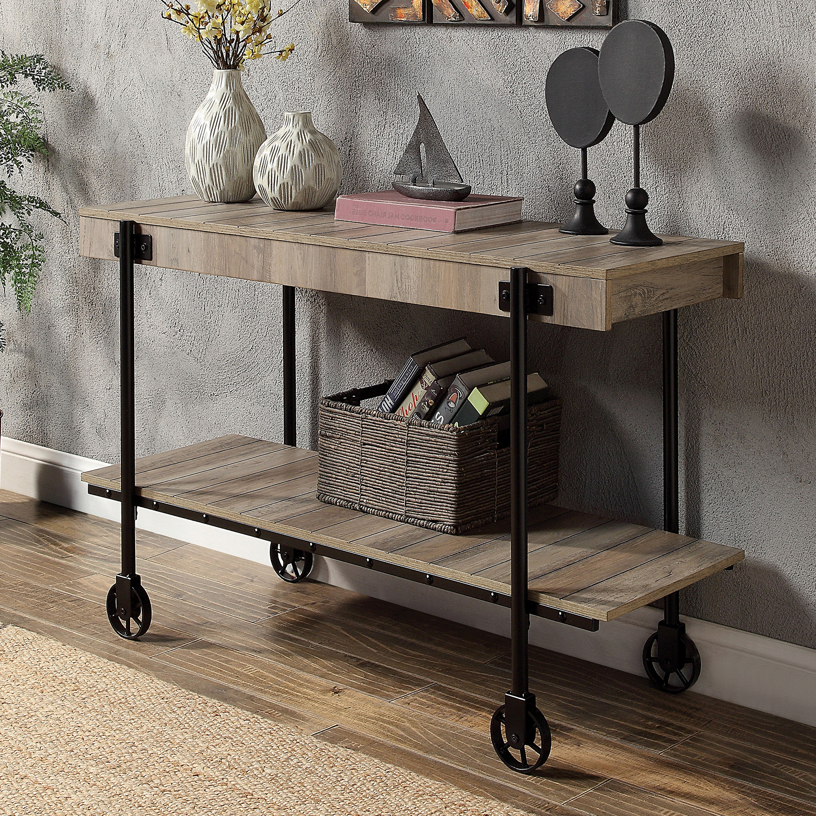 Industrial Style 1pc Sofa Table Natural Tone Slat Design Console Table Open Bottom Shelf Living Room Furniture