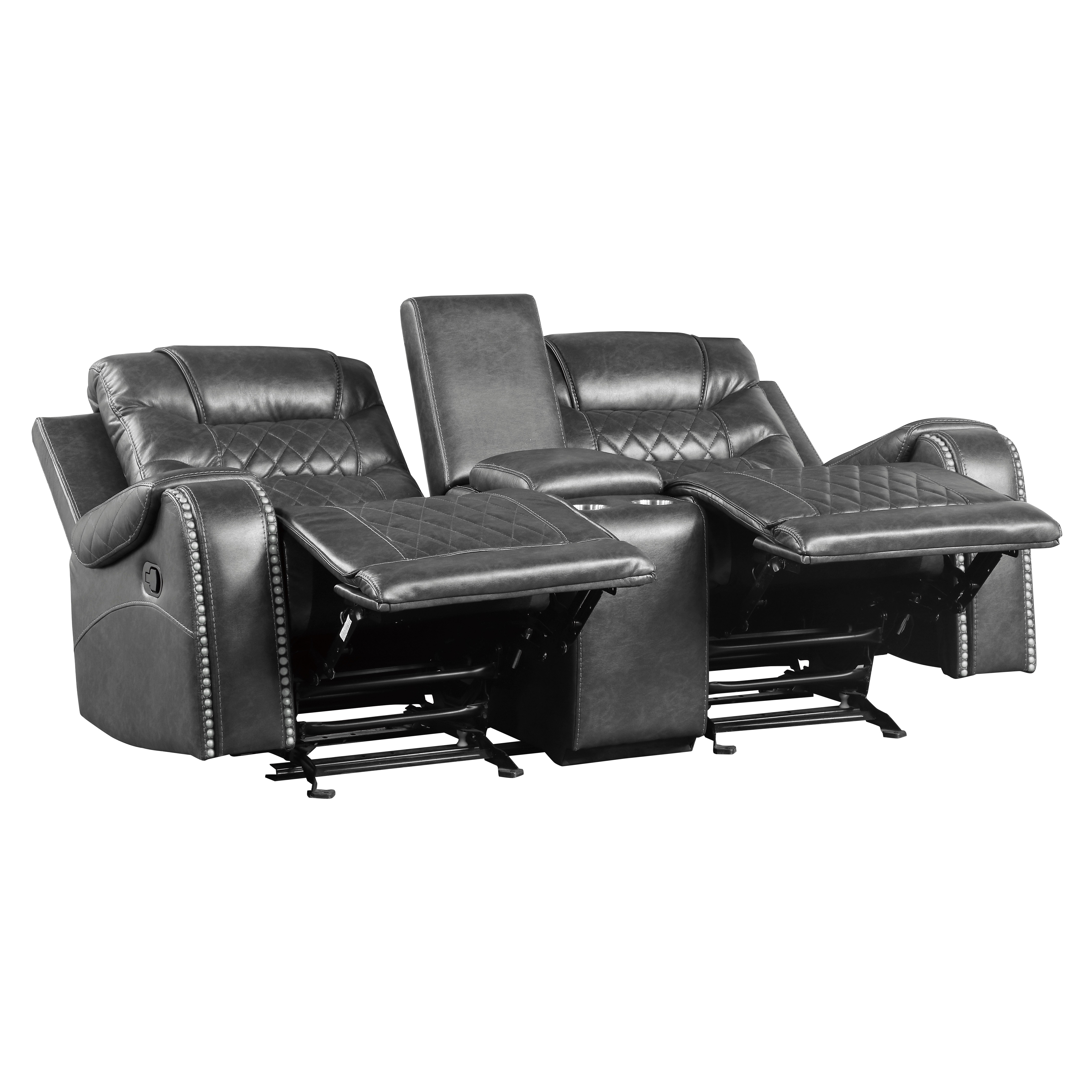 Luxurious Living Room Furniture 2pc Reclining Sofa Set Gray Breathable Faux Leather Upholstery Center Drop-Down Cup Holders, Power Outlets, USB Ports, Diamond Pattern Stitching