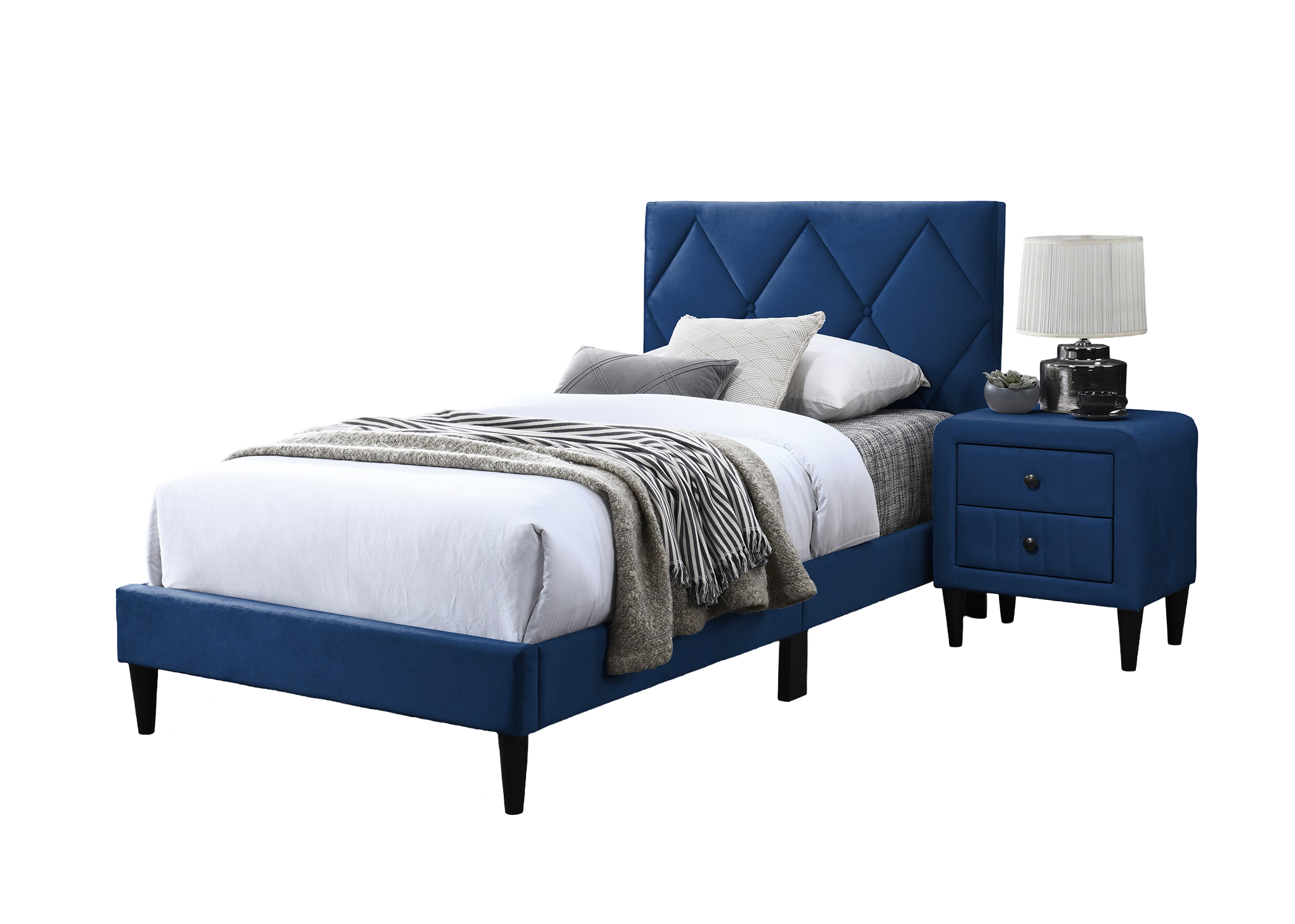 Full Size Bed w Adjustable Headboard 1pc Bedframe, Navy Blue Velvet Upholstered Youth Bedroom Furniture