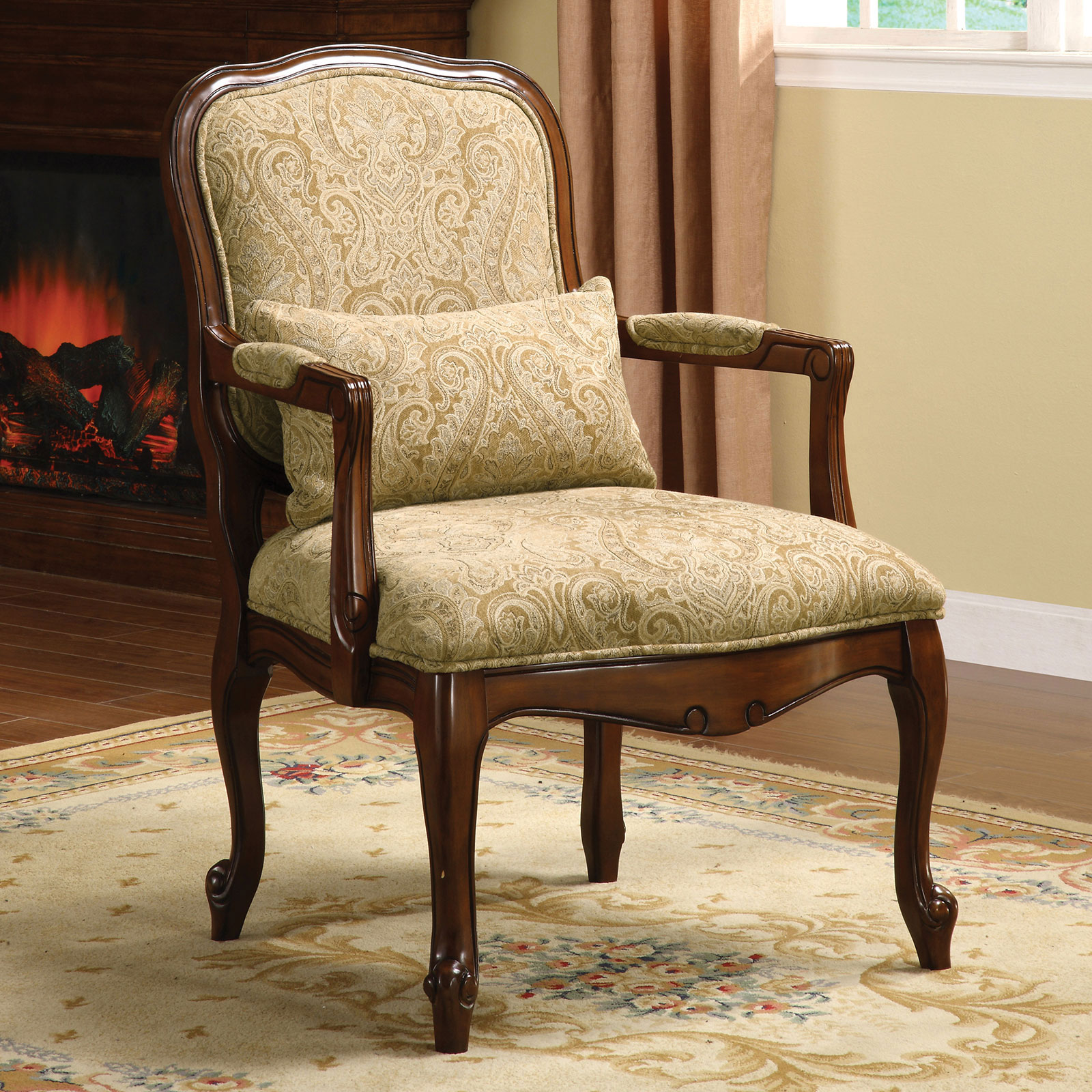 Queen Anne Style Legs Traditional Accent Chair w Pillow Beige Fabric Dark Cherry Solid wood Padded Seat 1pc Arm Chair