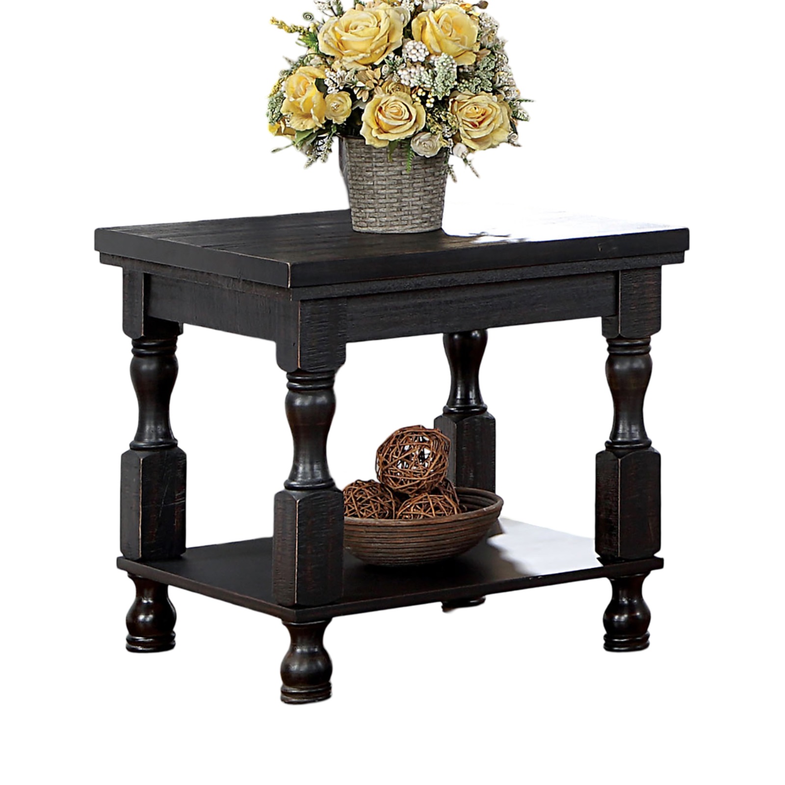 Rustic Style Antique Black 1pc END TABLE Open Bottom Shelf Plank Style Table Top Living Room Furniture