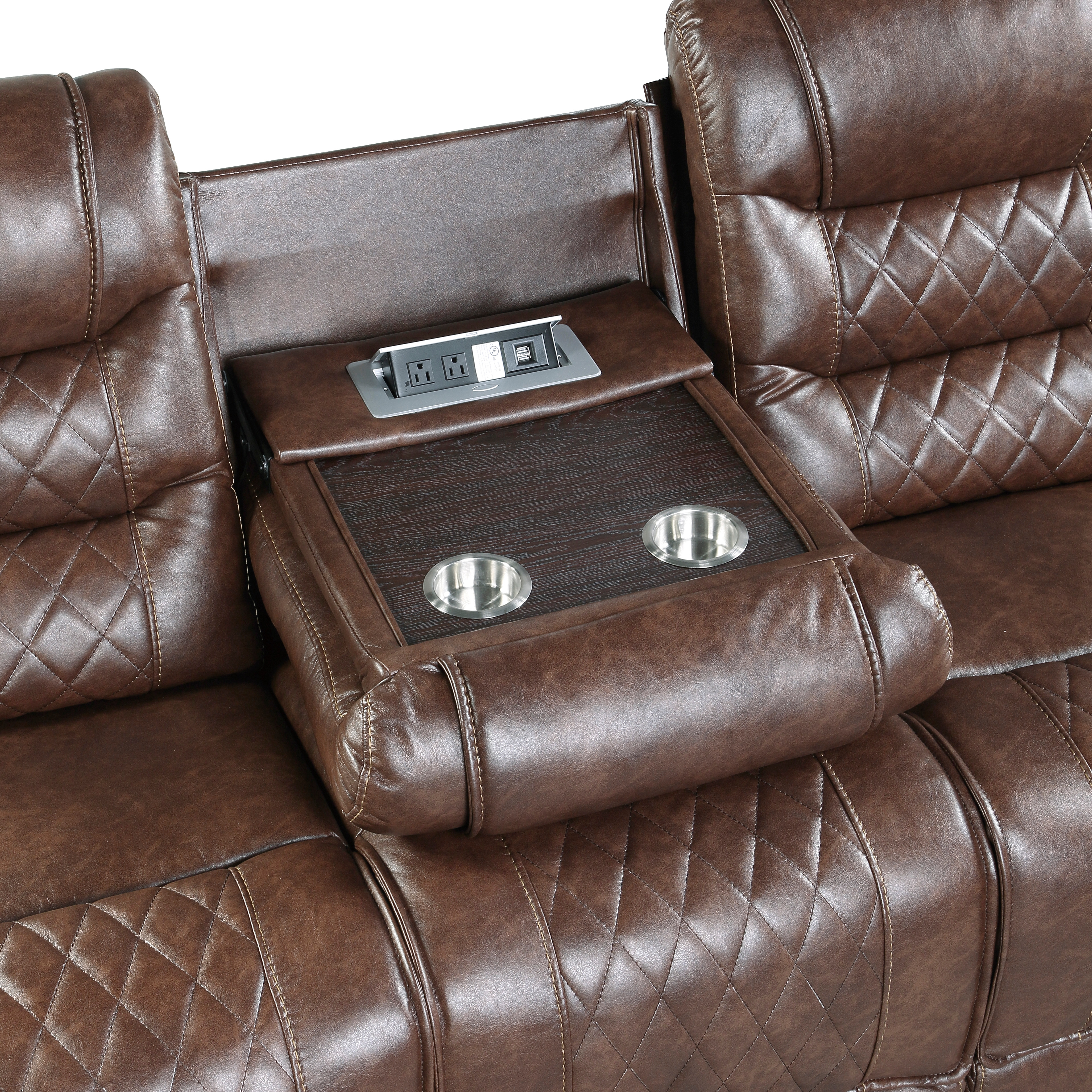 Luxurious Living Room Furniture 3pc Reclining Sofa Set Brown Breathable Faux Leather Upholstery Sofa Loveseat Swivel Chair, USB Ports, Power Outlets, Diamond pattern Stitching