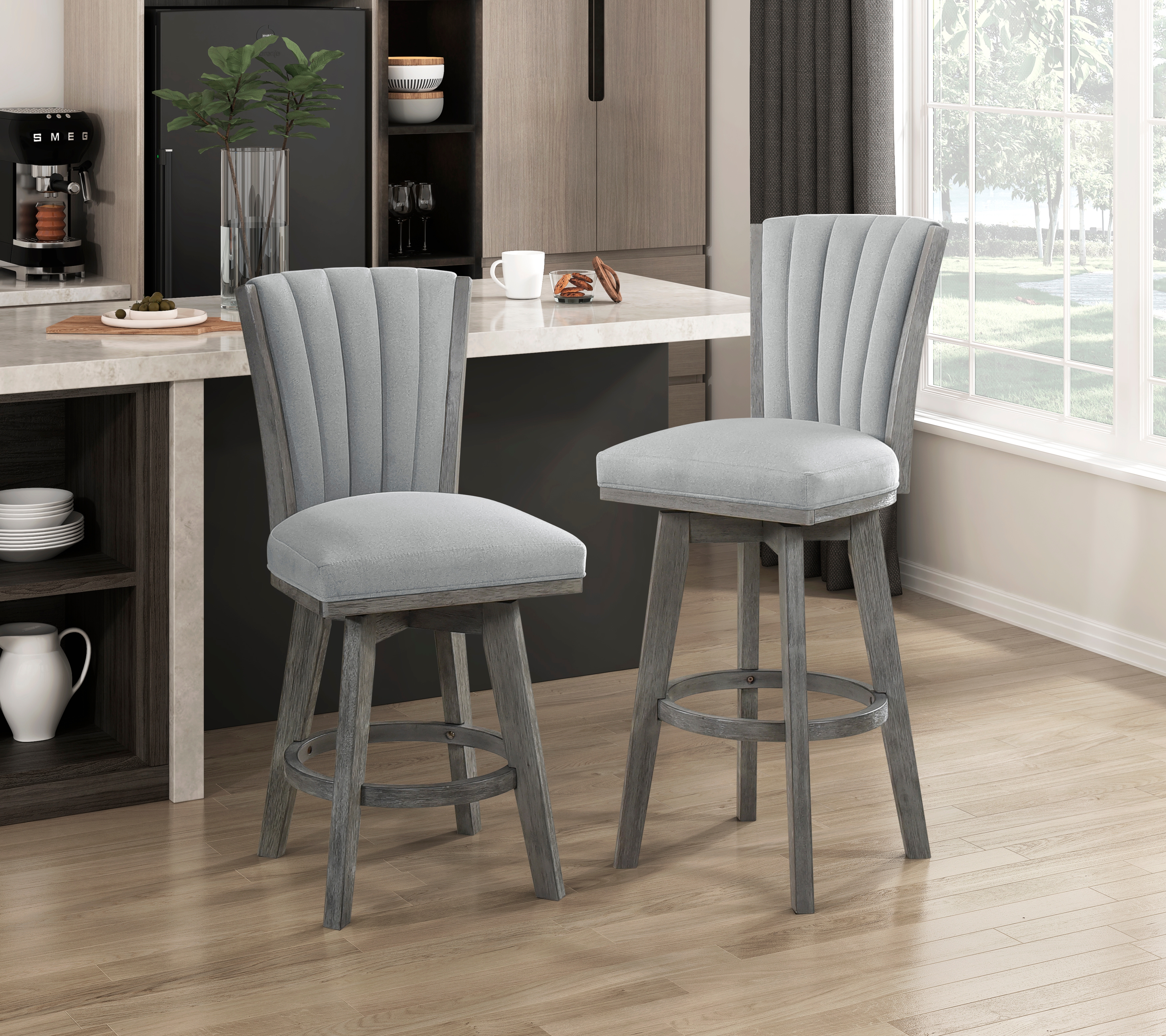 Gray Finish Set of 2 Pub Height Chairs Swivel Seat Tufted Fabric Upholstered Solid Wood Dining Furniture Transitional Style