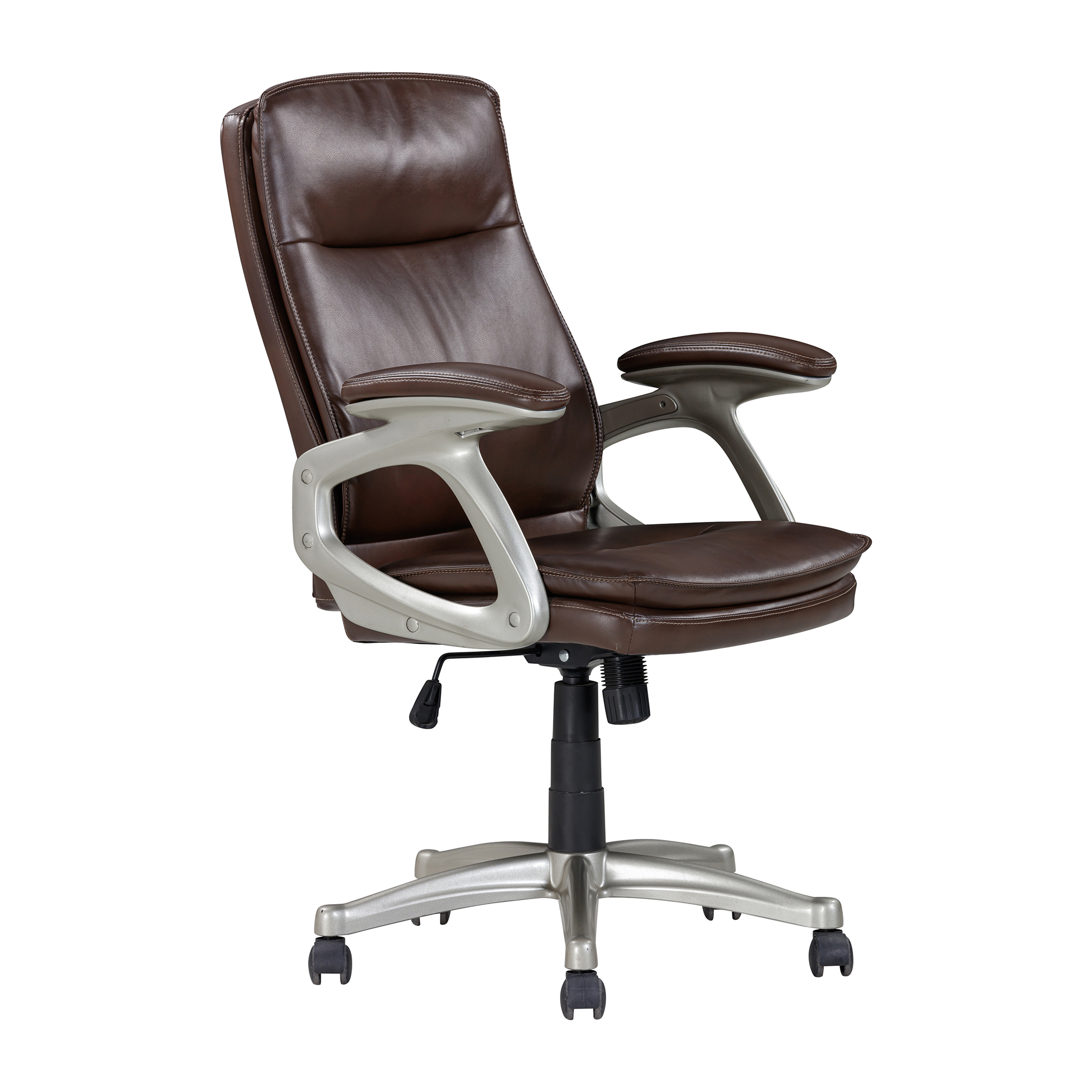 Mid Back Brown Faux Leather Swivel Office Executive Chair, Ergonomic Conference Desk Chair, Brown/Silver