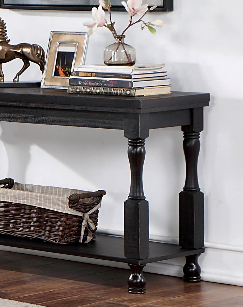 Rustic Style Antique Black 1pc SOFA TABLE Open Bottom Shelf Plank Style Table Top Living Room Furniture