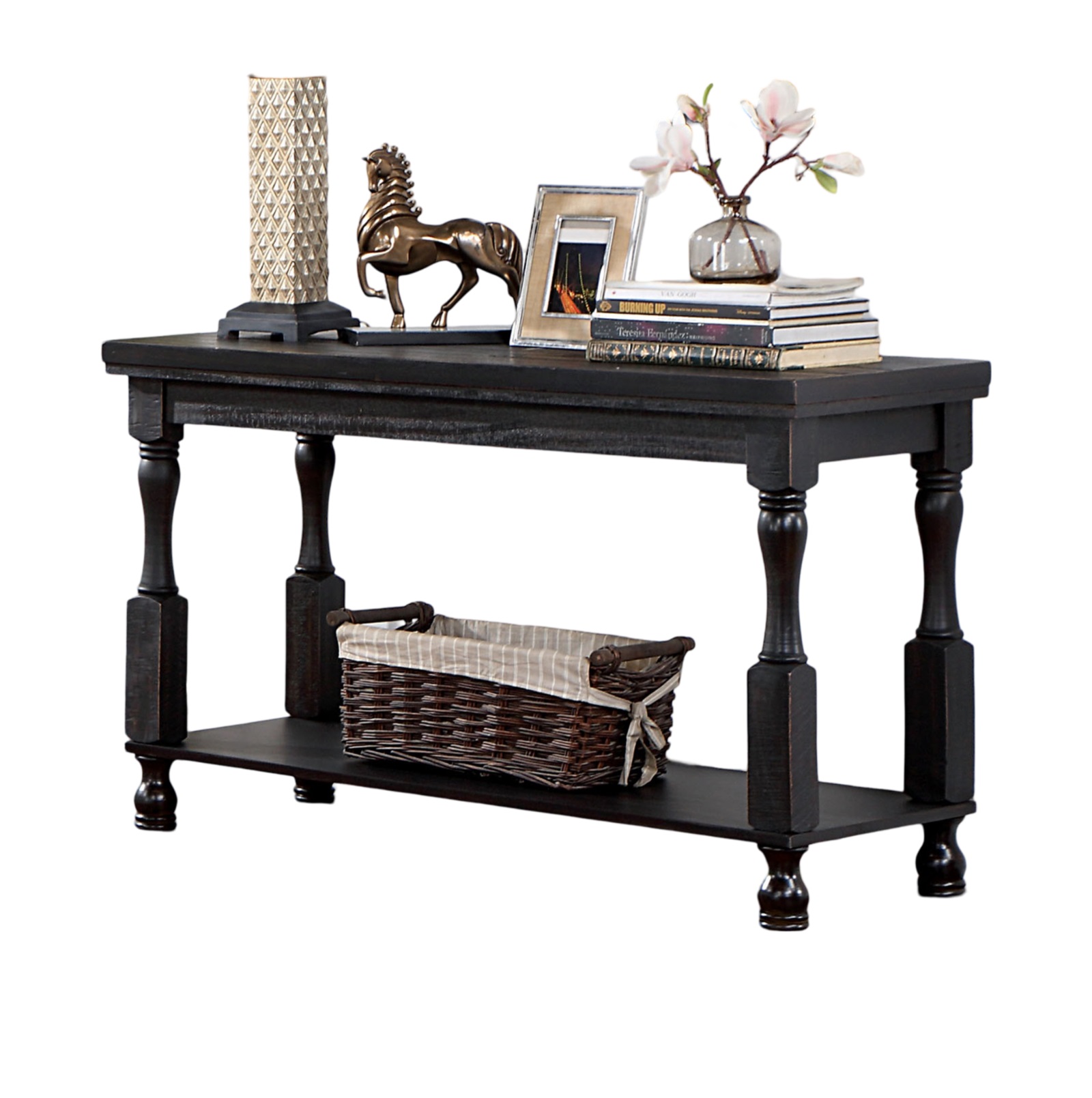 Rustic Style Antique Black 1pc SOFA TABLE Open Bottom Shelf Plank Style Table Top Living Room Furniture