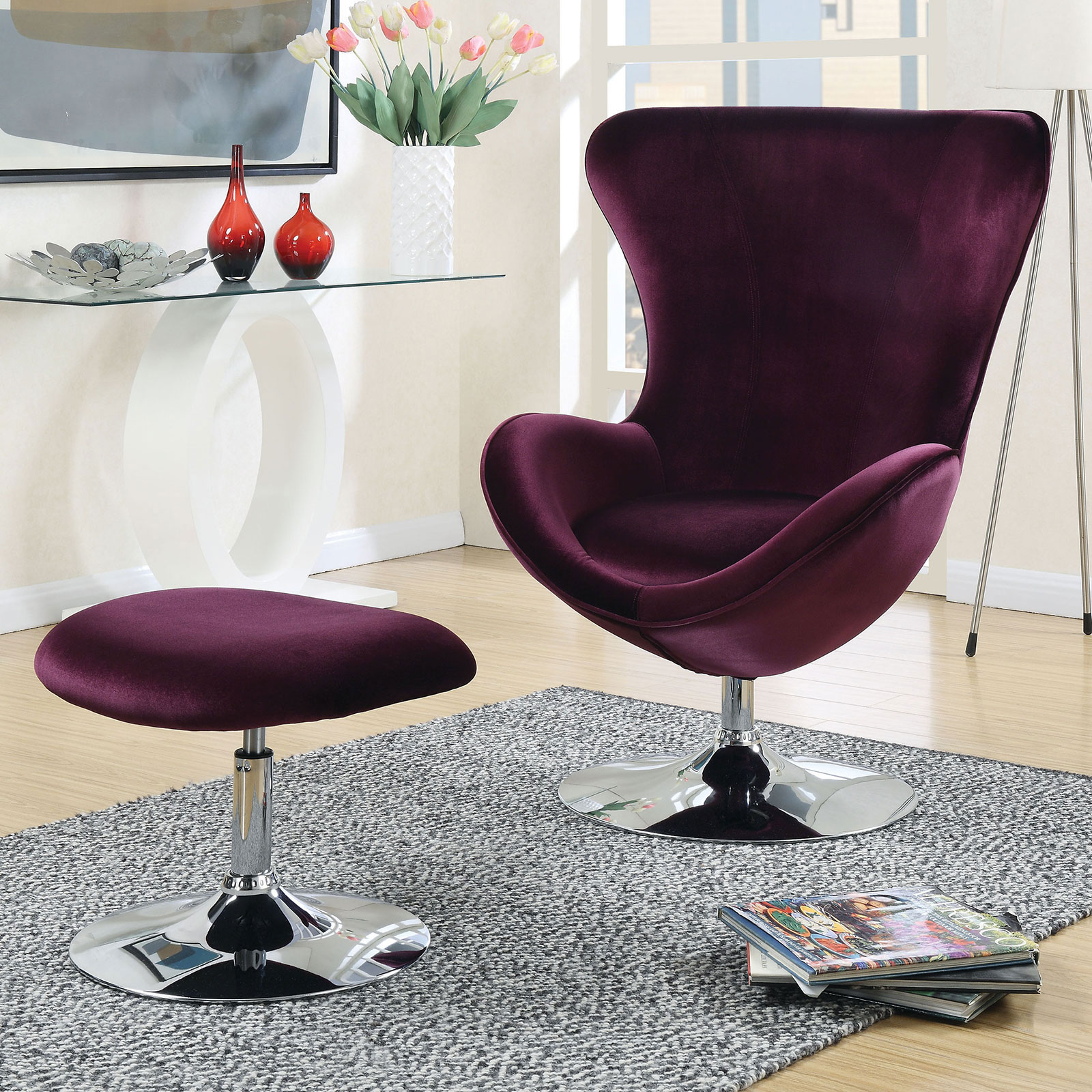 Purple Flannelette Fabric Accent Chair w Ottoman Contemporary Modern Living Room Furniture Chic High Back Chair