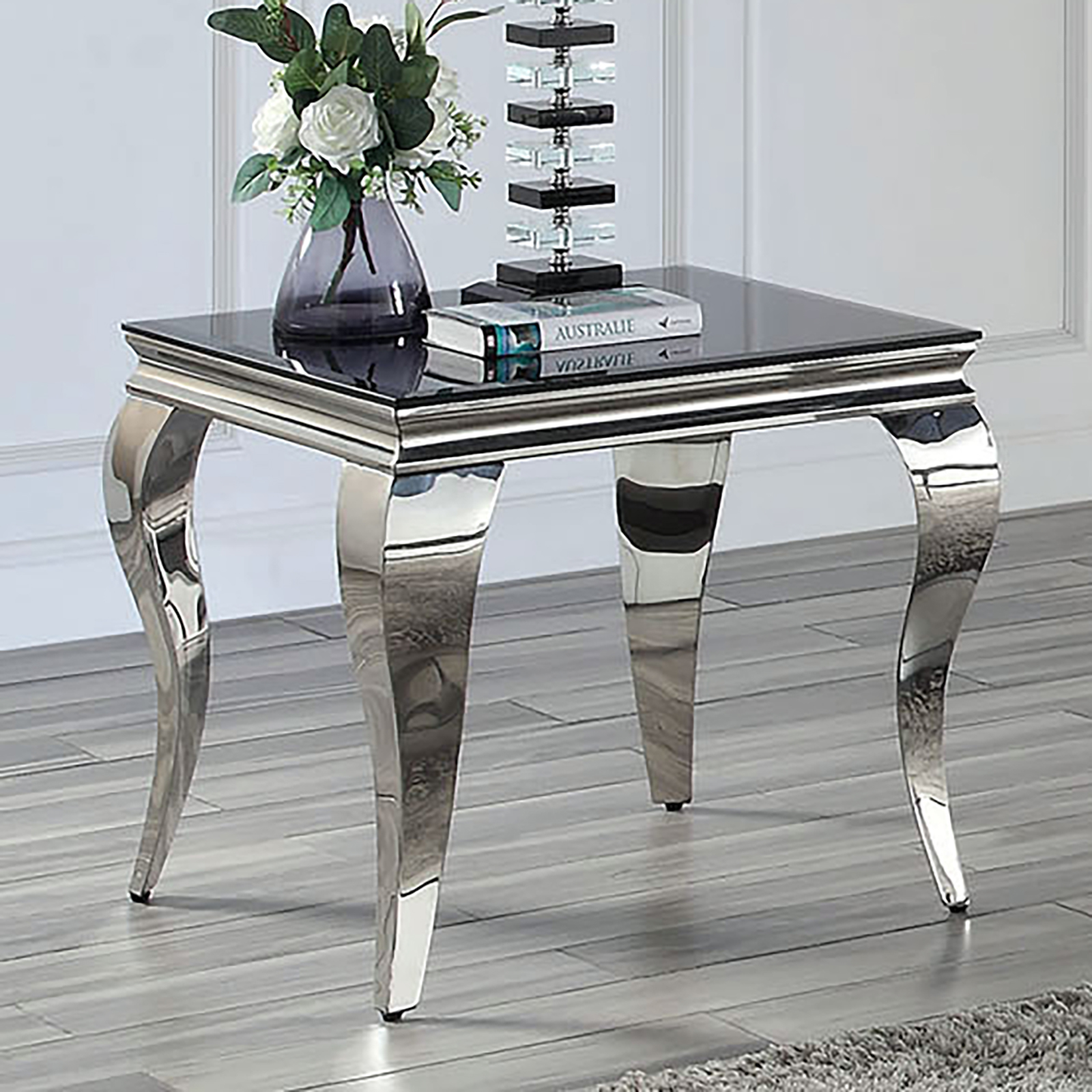 Glam Contemporary1pc End Table Black Glass Top Silver Color Table Living Room Stainless Steel Cabriole-Style Legs