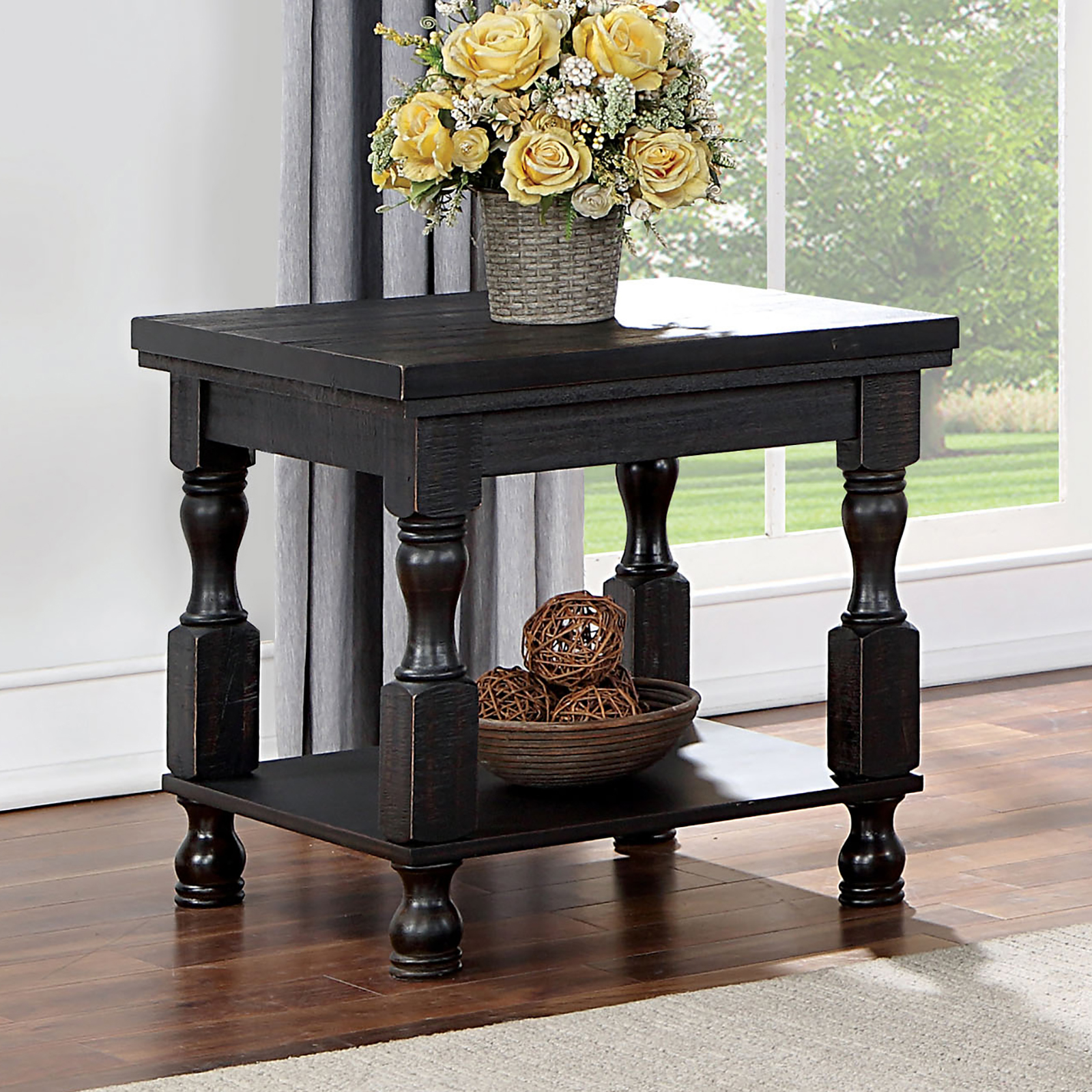 Rustic Style Antique Black 1pc END TABLE Open Bottom Shelf Plank Style Table Top Living Room Furniture