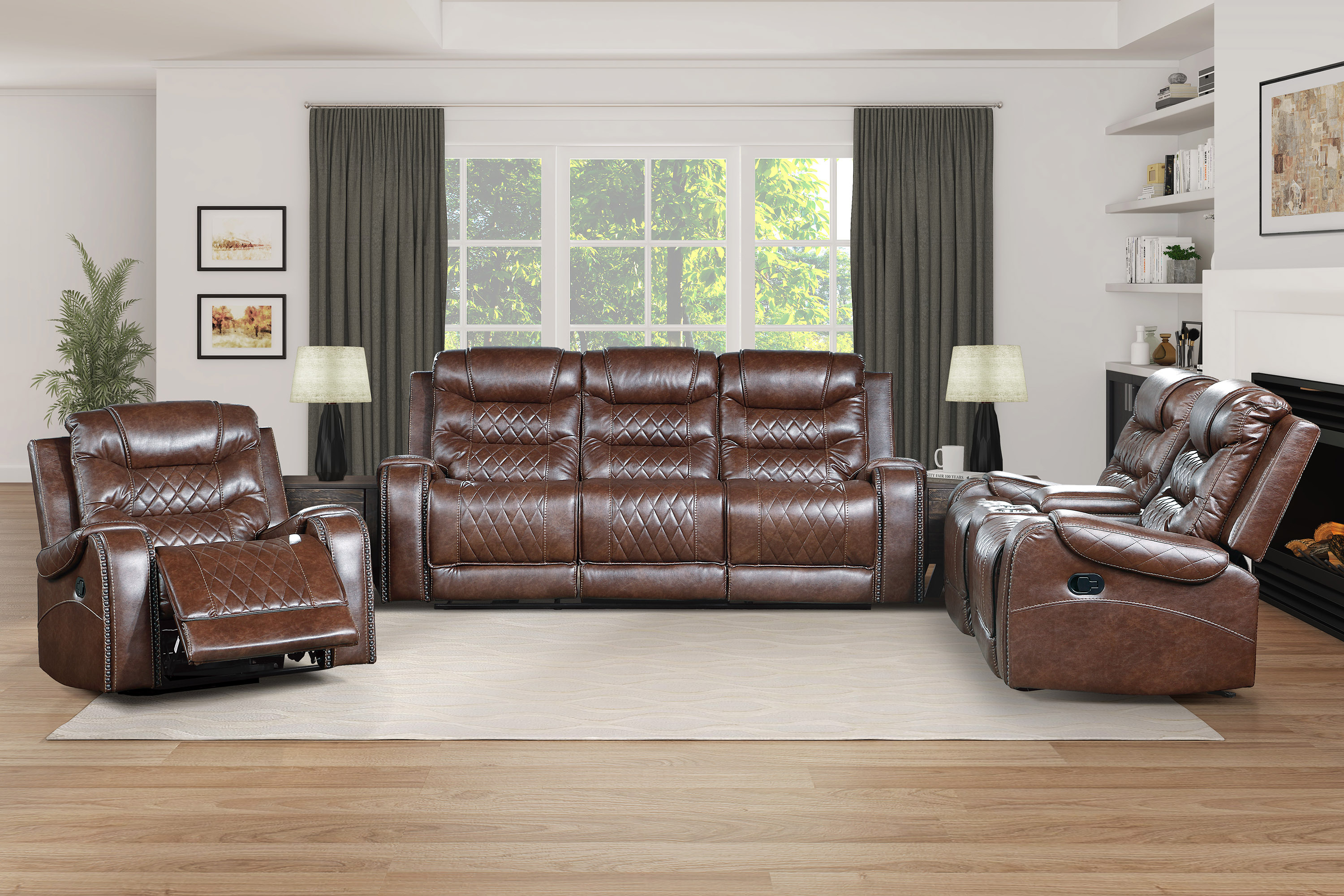 Luxurious Living Room Furniture 3pc Reclining Sofa Set Brown Breathable Faux Leather Upholstery Sofa Loveseat Swivel Chair, USB Ports, Power Outlets, Diamond pattern Stitching