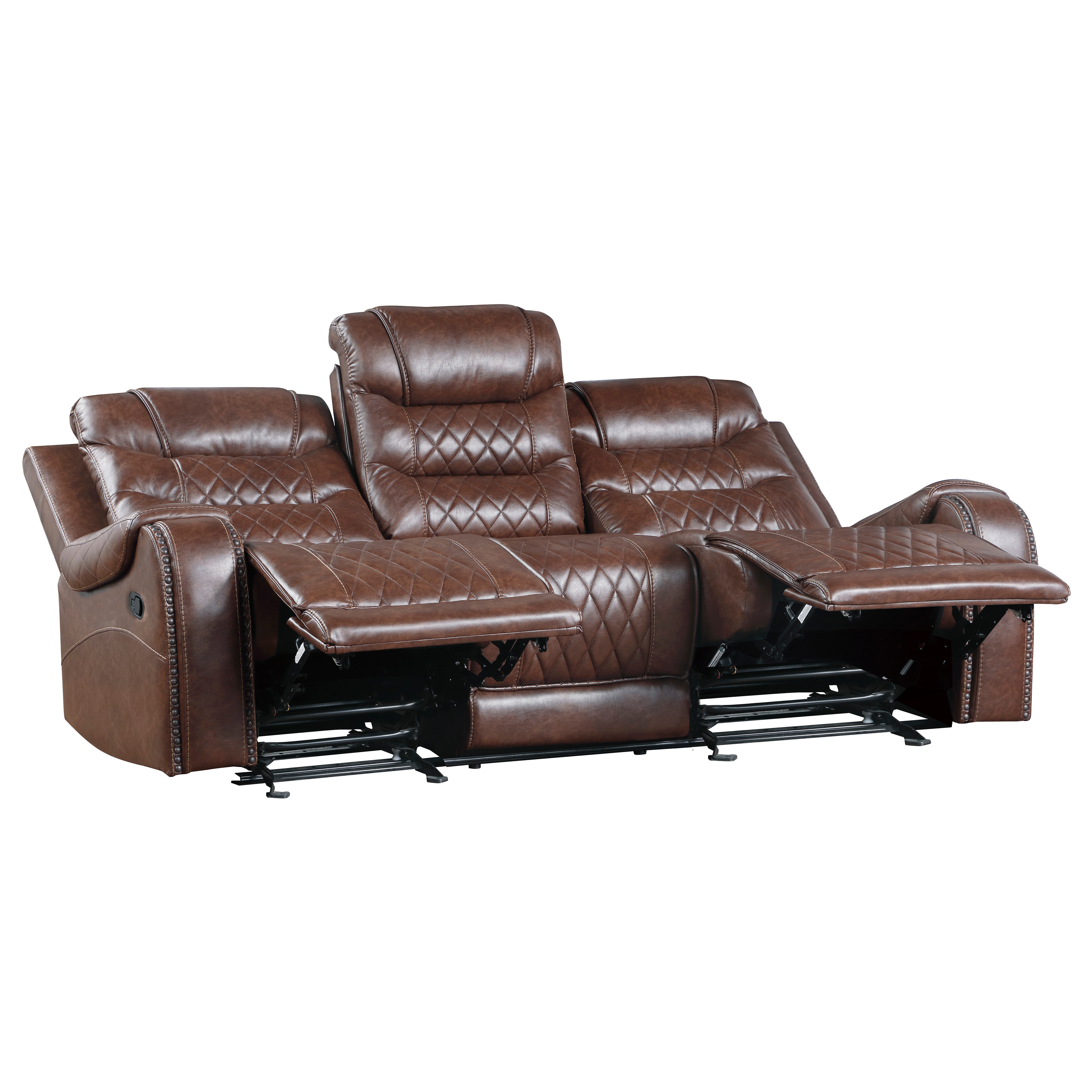 Luxurious Living Room Furniture 3pc Reclining Sofa Set Brown Breathable Faux Leather Upholstery Sofa Loveseat Swivel Chair, USB Ports, Power Outlets, Diamond pattern Stitching