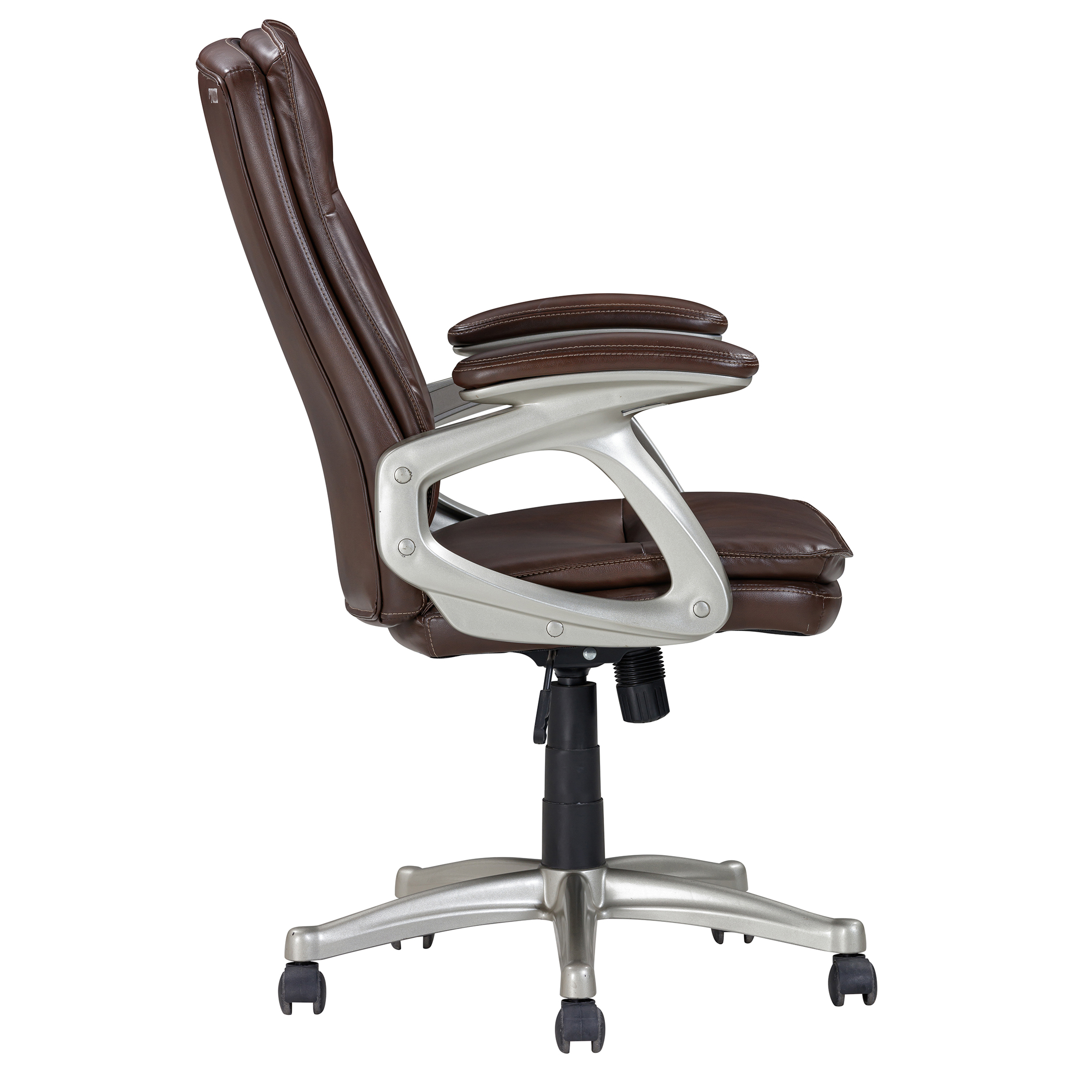 Mid Back Brown Faux Leather Swivel Office Executive Chair, Ergonomic Conference Desk Chair, Brown/Silver