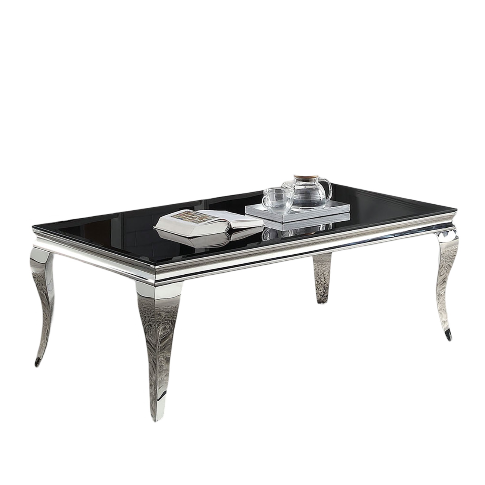 Glam Contemporary1pc Coffee Table Black Glass Top Silver Color Table Living Room Stainless Steel Cabriole-Style Legs