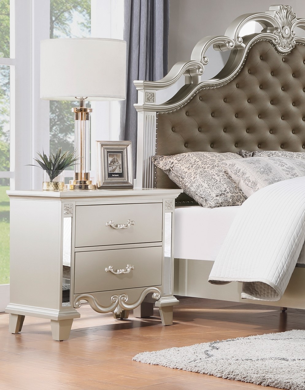 Glamorous Champagne Finish Nightstand of 2 Drawers Textural Panels Mirror Trim Traditional Luxury Bedroom Furniture 1pc Bedside Cabinet