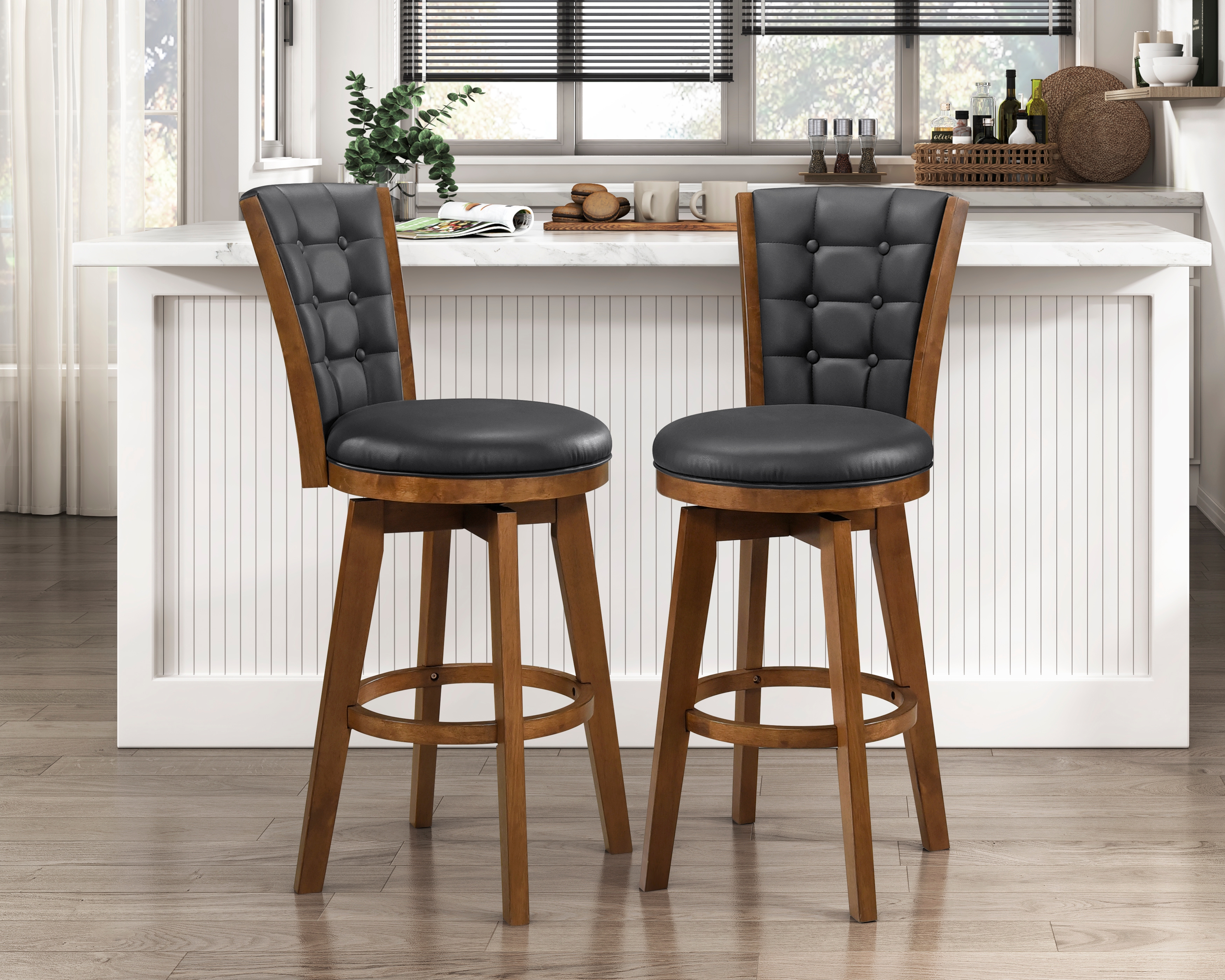 Button-Tufted Swivel Bar Chairs Set of 2, Upholstered Seat and Back Chestnut Finish Solid Wood Furniture