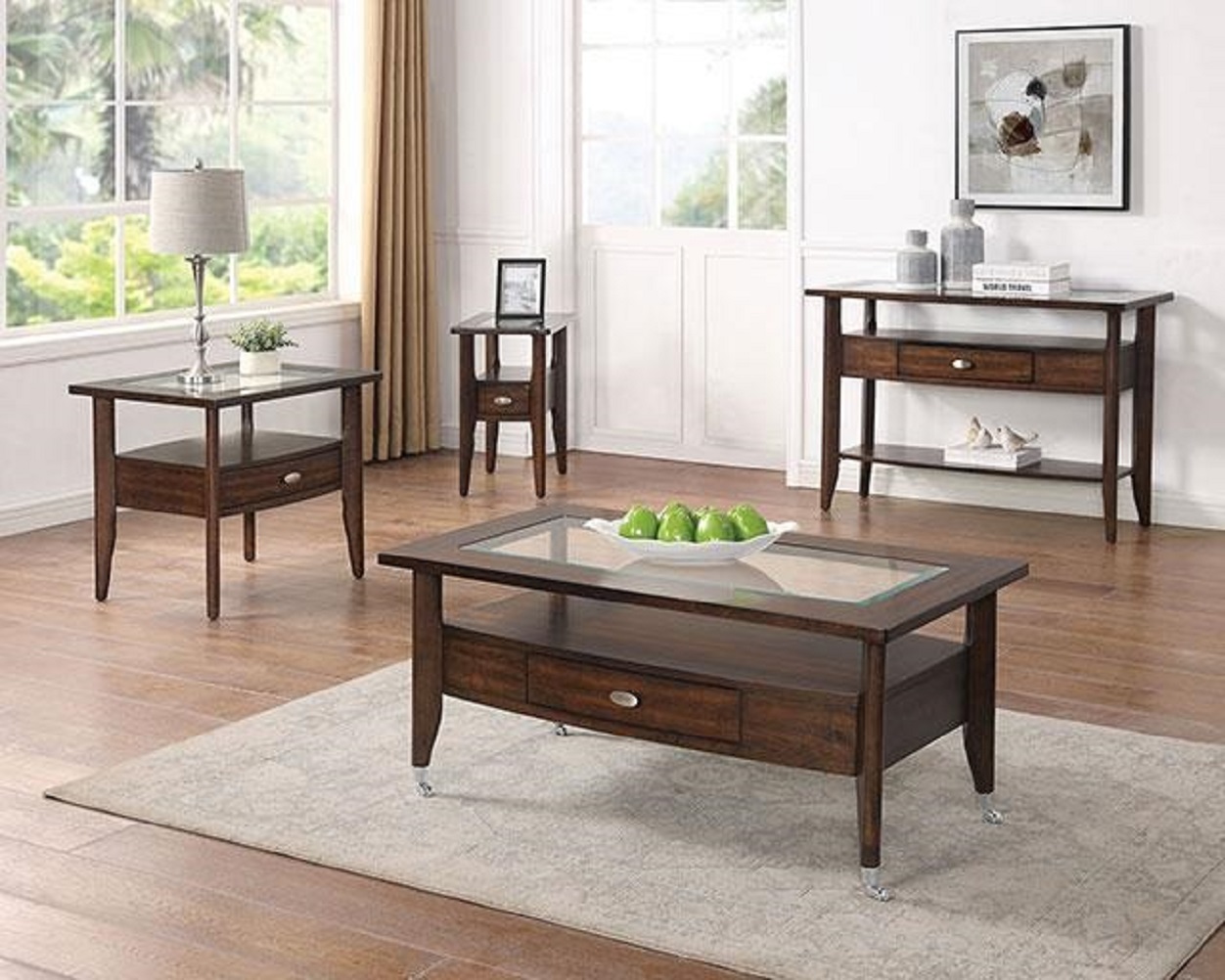 Transitional Dark Walnut Solid wood 1pc Sofa Table 5mm Glass Insert Console Table Top Storage Drawer Living Room Furniture