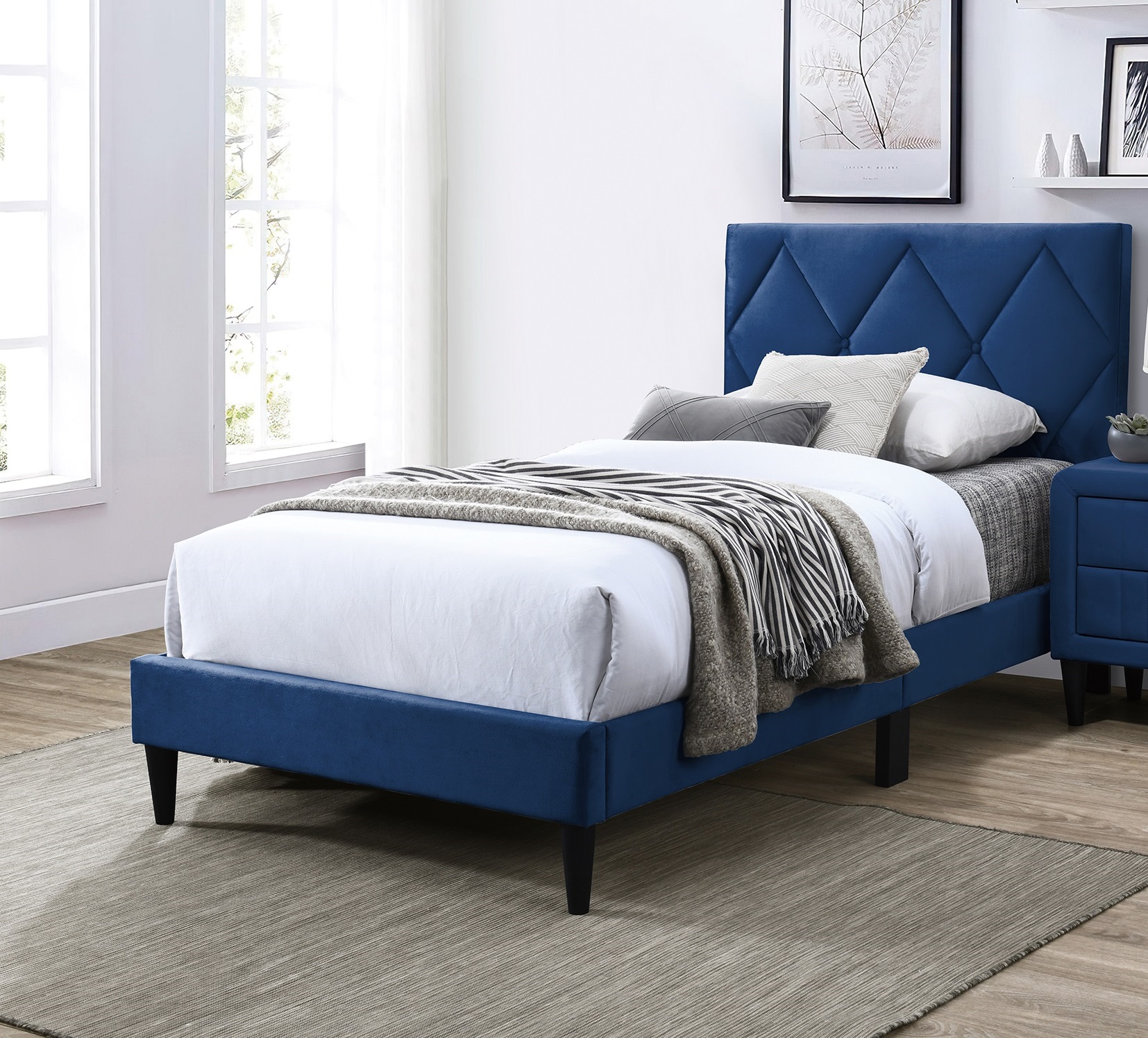 Full Size Bed w Adjustable Headboard 1pc Bedframe, Navy Blue Velvet Upholstered Youth Bedroom Furniture