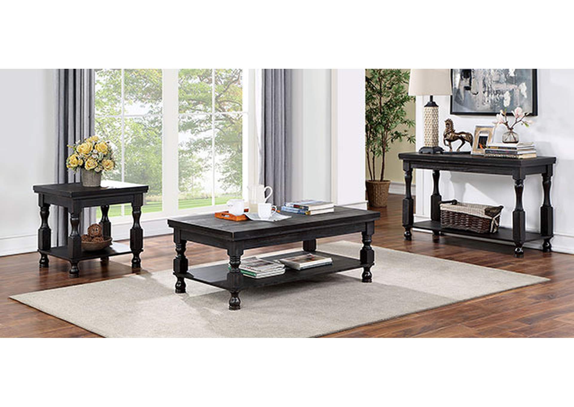 Rustic Style Antique Black 1pc SOFA TABLE Open Bottom Shelf Plank Style Table Top Living Room Furniture