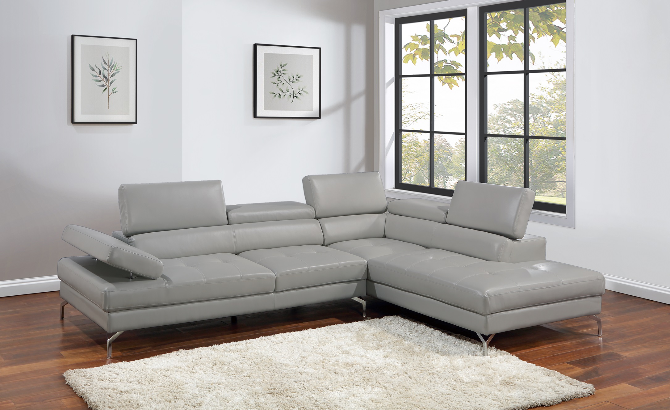 Light Gray Sectional Couch 2pc Set Living Room Faux Leather Right Facing Chaise And Left Facing Sofa Adjustable Armrest Headrest