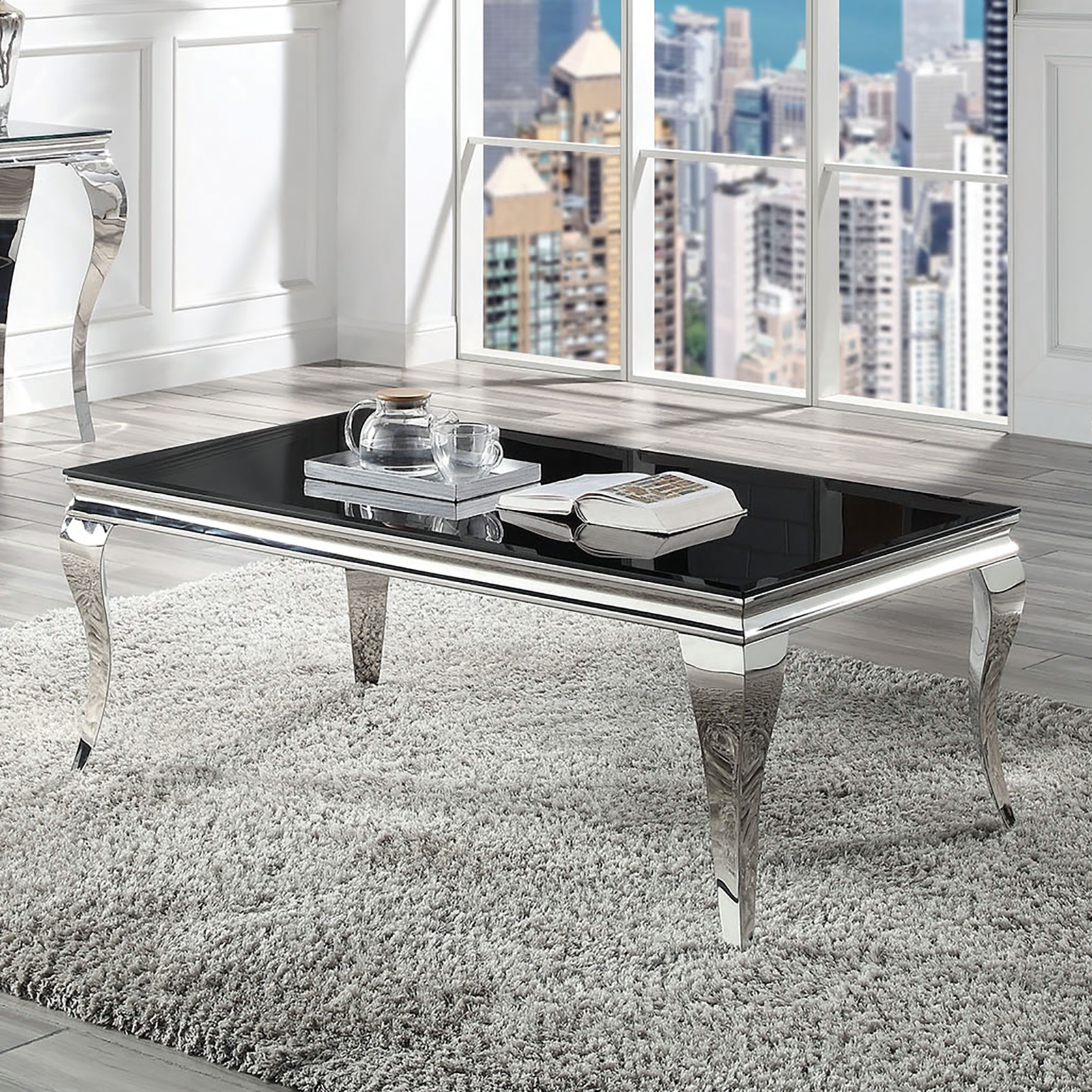 Glam Contemporary1pc Coffee Table Black Glass Top Silver Color Table Living Room Stainless Steel Cabriole-Style Legs