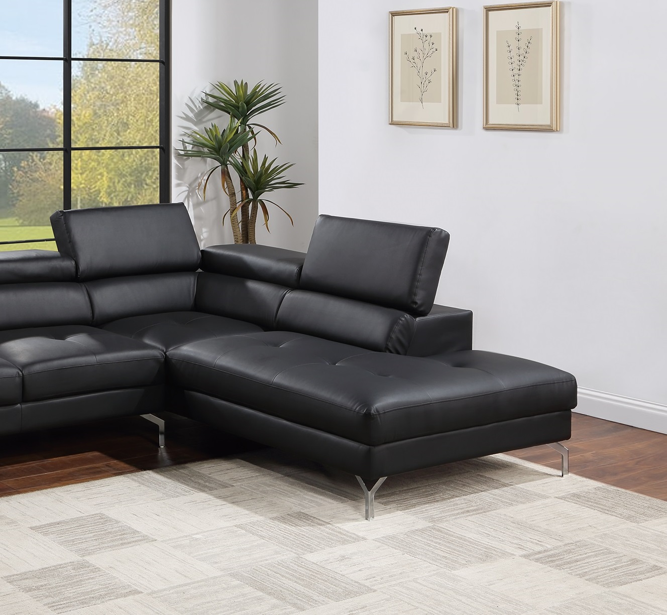 Black Color Sectional Couch 2pc Set Living Room Furniture Faux Leather Right Facing Chaise And Left Facing Sofa Metal Legs