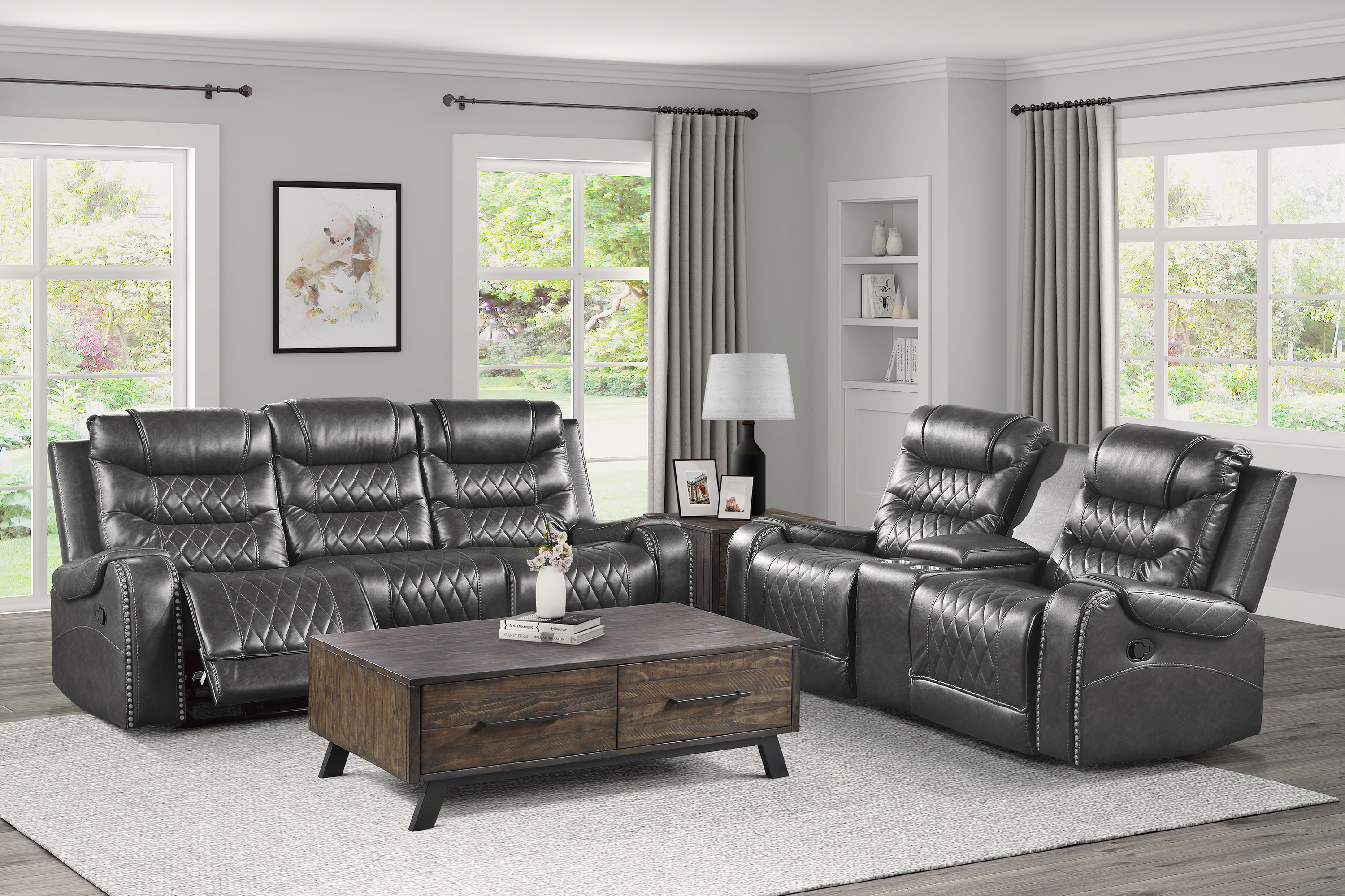 Luxurious Living Room Furniture 2pc Reclining Sofa Set Gray Breathable Faux Leather Upholstery Center Drop-Down Cup Holders, Power Outlets, USB Ports, Diamond Pattern Stitching