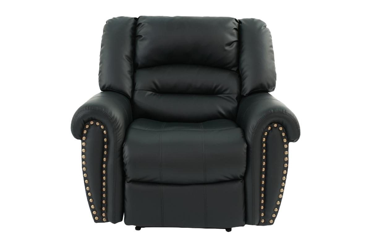 Modern 1pc Manual Motion Recliner Chair Glider Black Color Bonded Leather Armrest Cushion Seating Nailhead Living Room Furniture