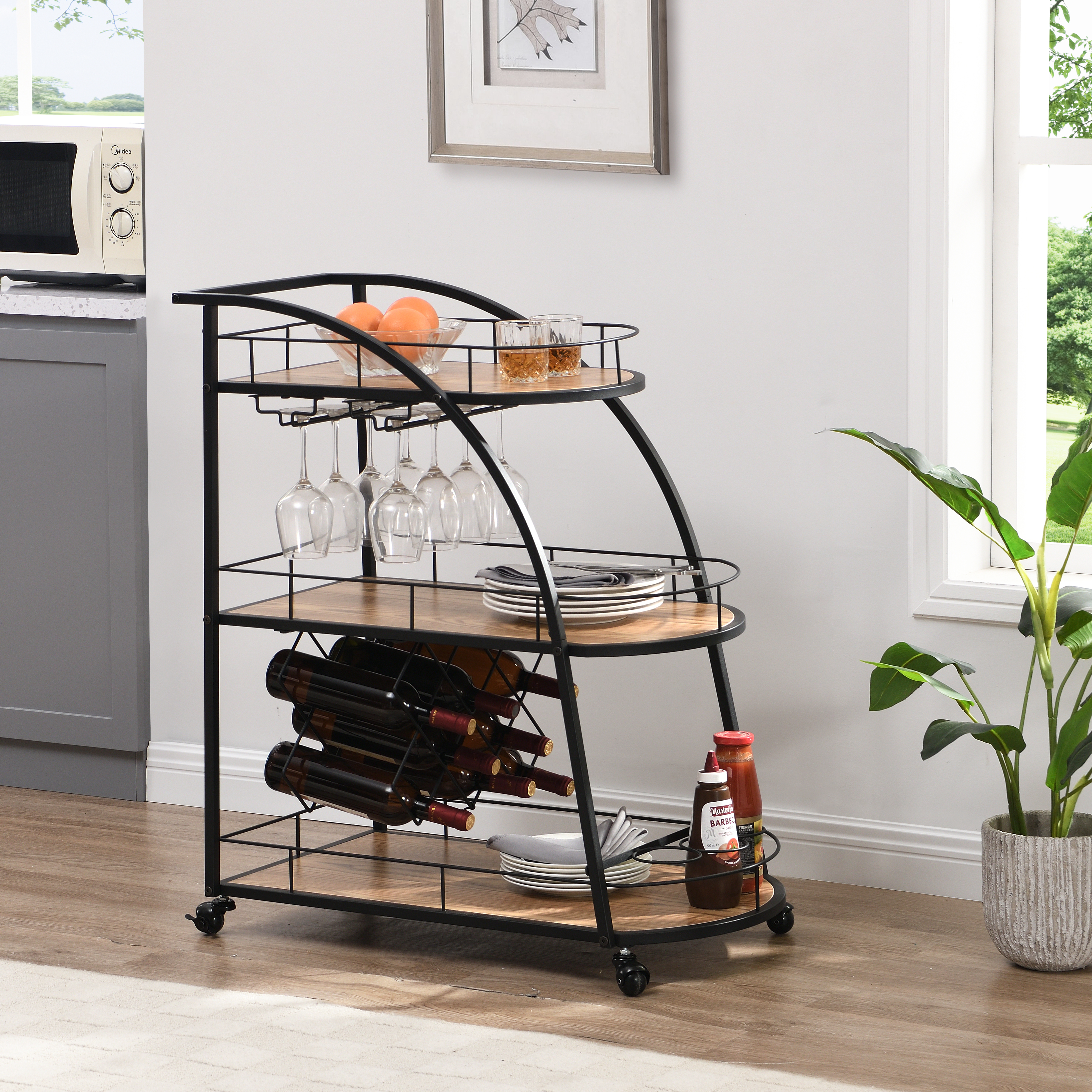 Black Industrial Mobile Bar Cart Serving Wine Cart with Wheels, 3-tier Metal Frame Elegant Wine Rack for Kitchen, Party, Dining Room and Living Room-CASAINC