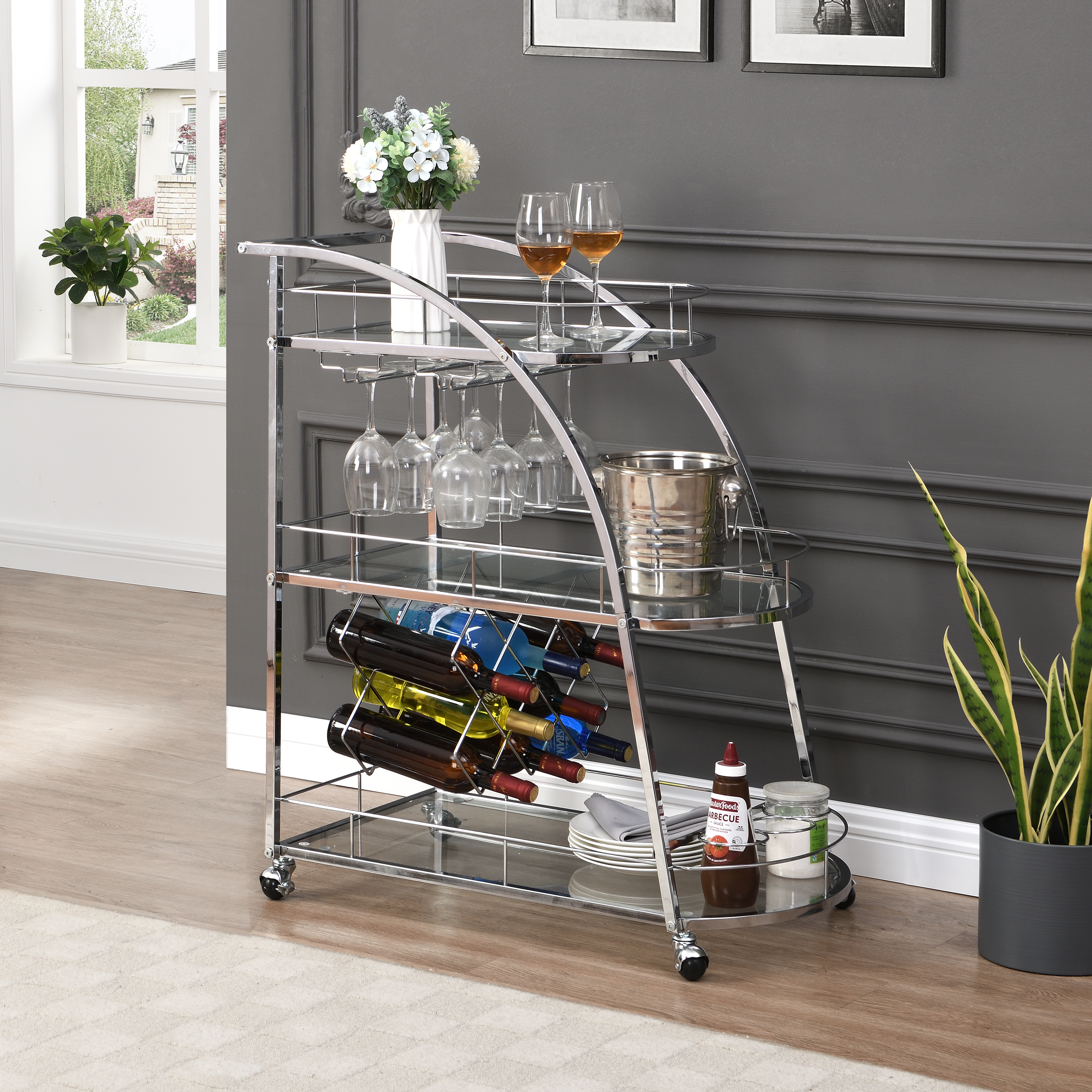 Chrome Mobile Bar Cart Serving Wine Cart with Wheels, 3-tier Metal Frame Elegant Wine Storage for Kitchen, Party, Dining Room and Living Room, Silver-CASAINC