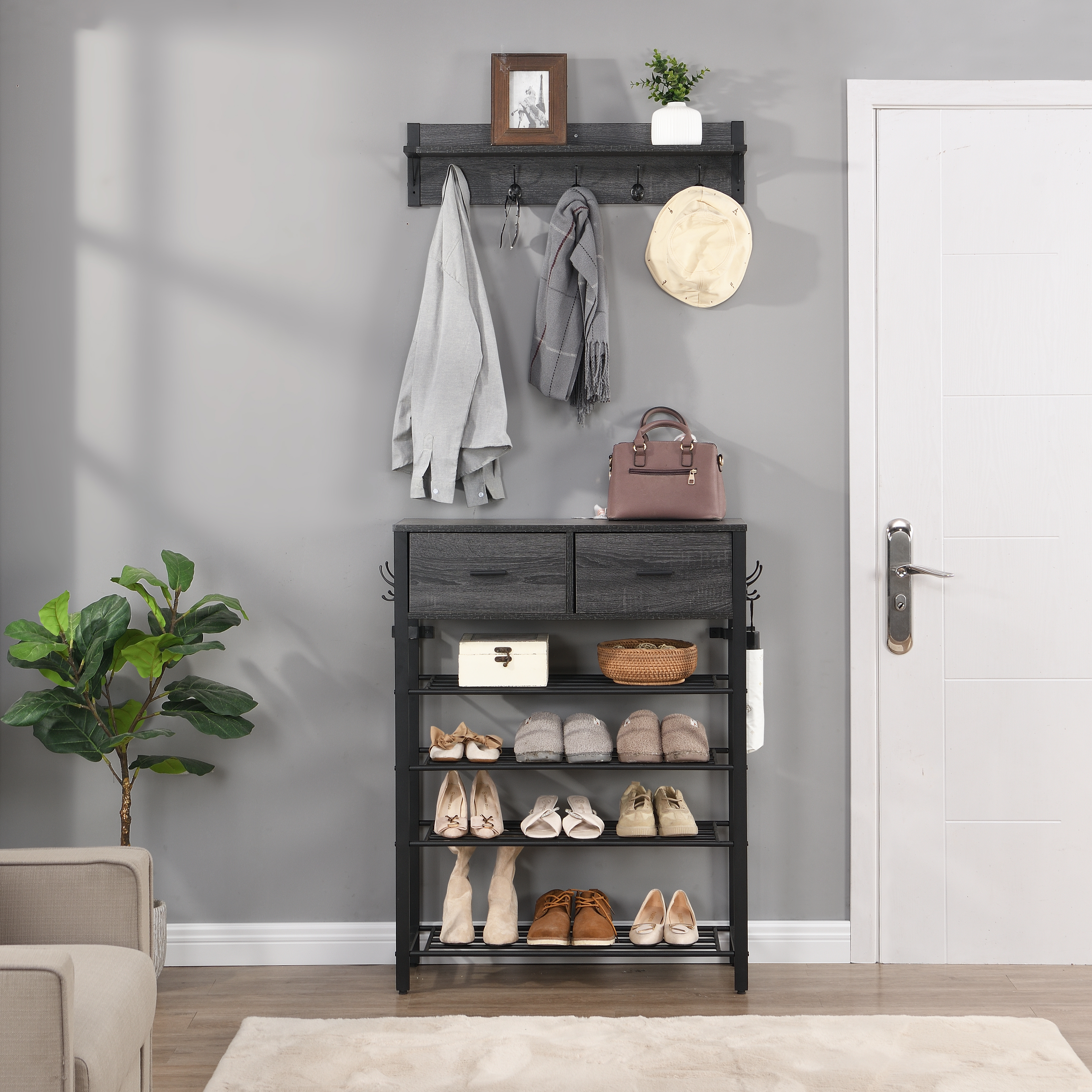 Entryway 4-tier Shoe Shelf with Two Drawers and Coat Rack, One Set Entryway Show Rack with Storage and Hooks-CASAINC