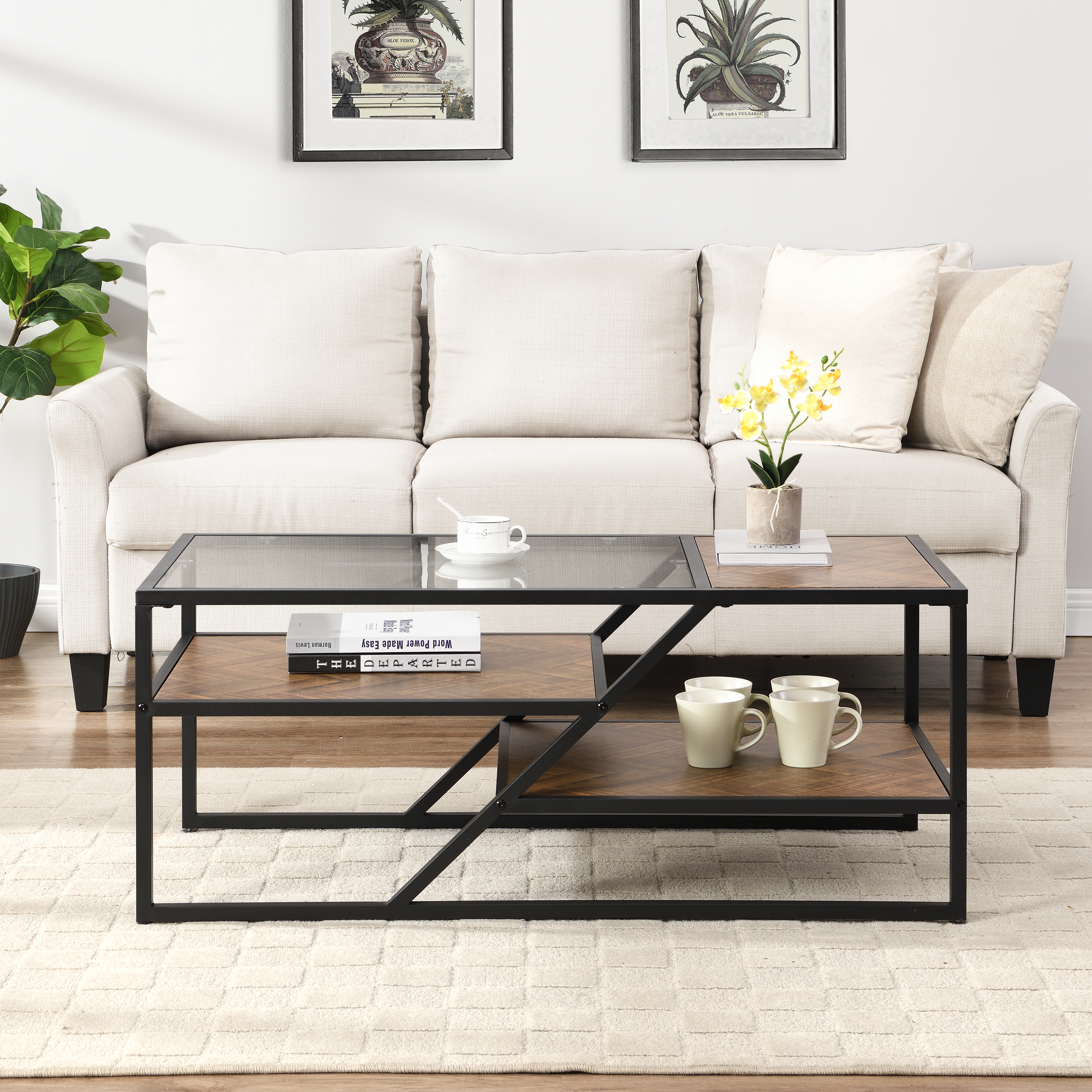 Black Coffee Table with Storage Shelf, Tempered Glass Coffee Table with Metal Frame for Living RoomBedroom