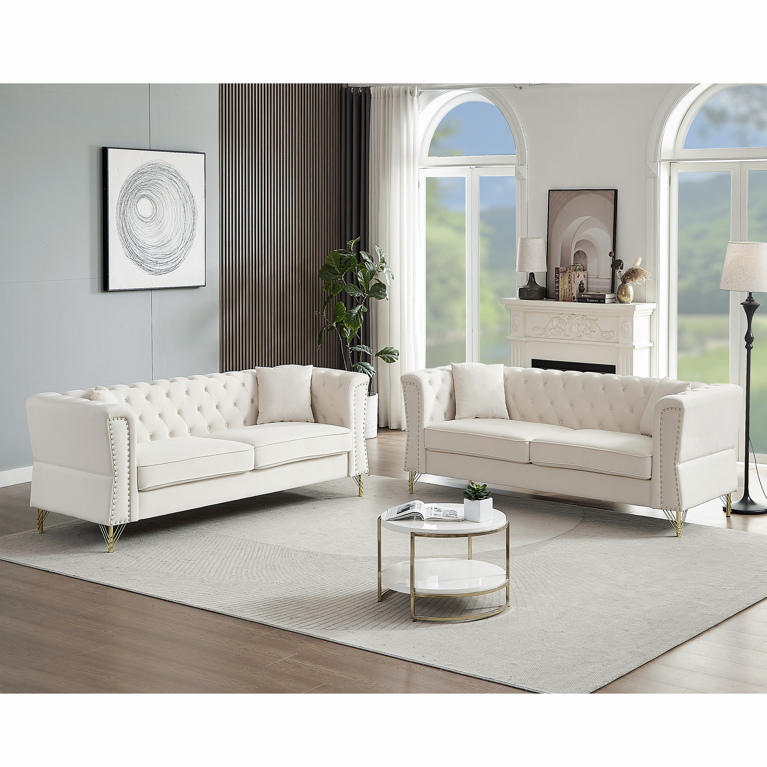 3-seater + 3-seater Combination Sofa Tufted Couch with Rolled Arms and Nailhead for Living Room, Bedroom, Office, Apartment, four pillows