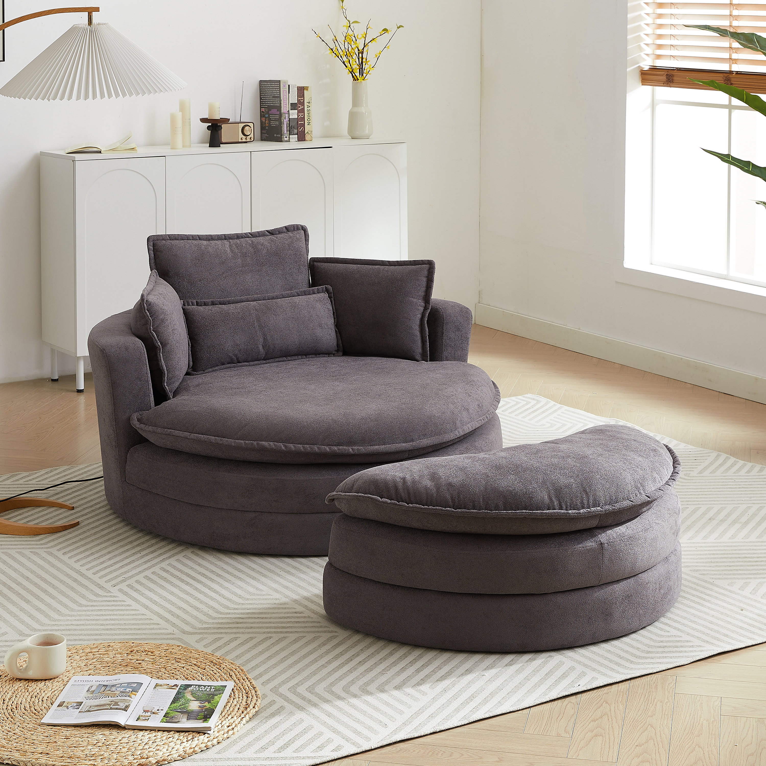 52' Swivel Accent Barrel Modern Grey Sofa Lounge Club Big Round Chair with Storage Ottoman chenille Fabric for Living Room Hotel with 4 Pillows