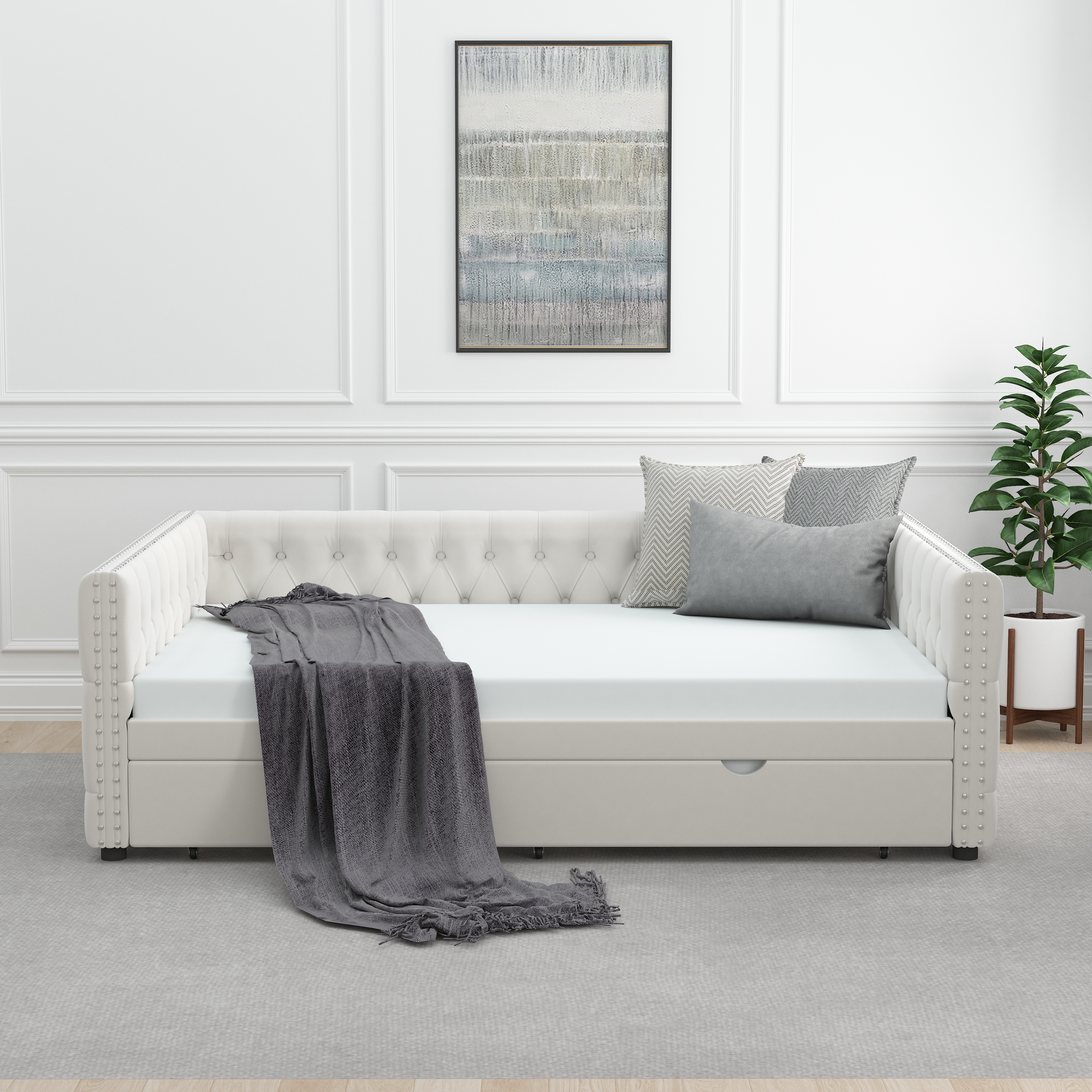 Daybed with Trundle Velvet Upholstered Tufted Sofa Bed, with Button and Copper Nail onSquare Arms,Full Daybed & Twin Trundle-  For Bedroom, Living Room, Guest Room,(83"x57"x26")