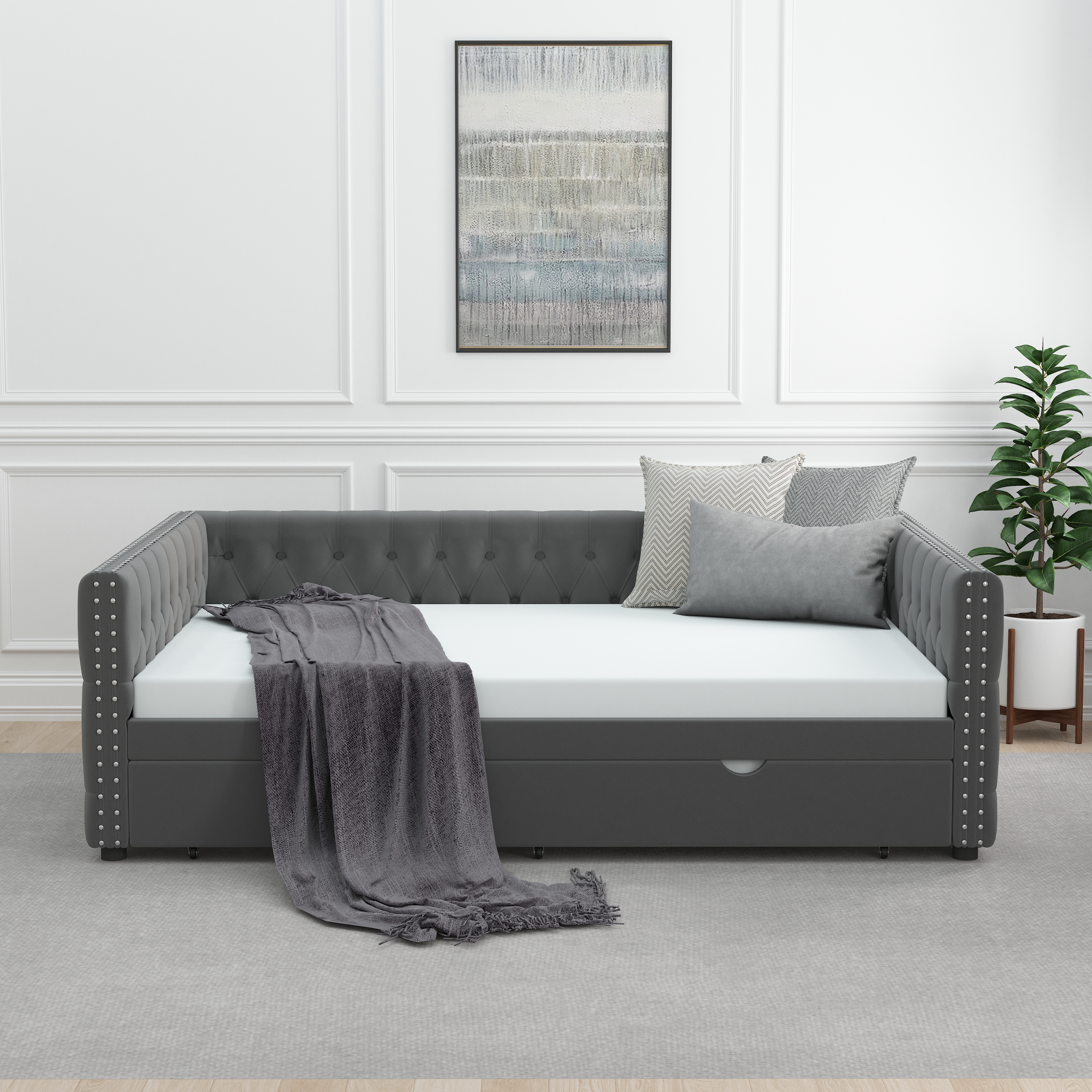 Daybed with Trundle Velvet Upholstered Tufted Sofa Bed, with Button and Copper Nail onSquare Arms,Full Daybed & Twin Trundle-  For Bedroom, Living Room, Guest Room,(83"x57"x26")