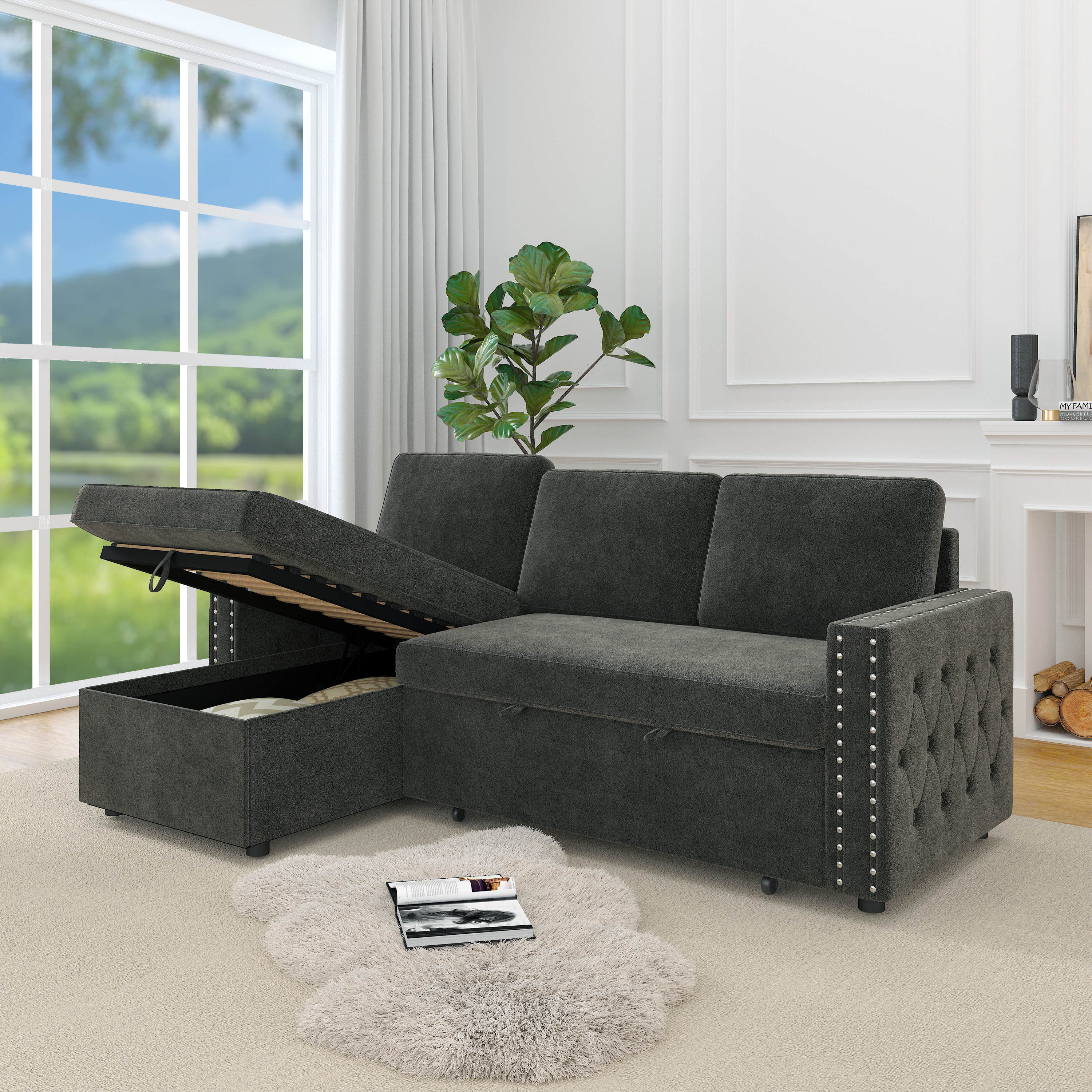 85 Inches Sofa Bed, 3 Seater Sleeper Sofa with Storage Chaise, Square Handrail With Pull and Copper nail,Chenille-Dark Grey, Pull Out Couch for Living Room