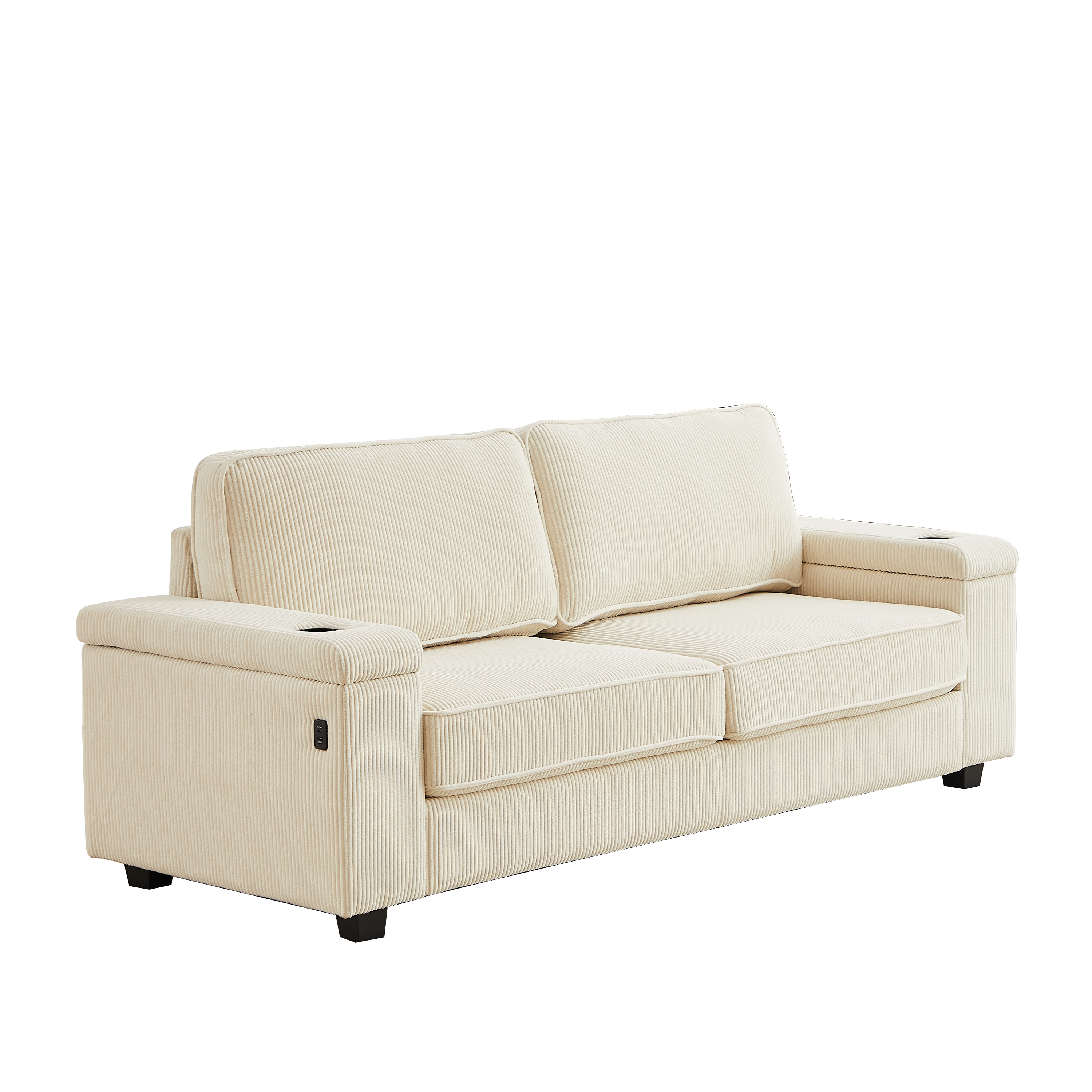 Couch, 86.5 inch Sofa Couch- Deep Seat Sofa with two storage spaces, T-Pyce Charging Ports , USB Charging Ports & 2 Cup Holders, 3 Seater Couch with Beige Corduroy, Modern Sofas for Living Room