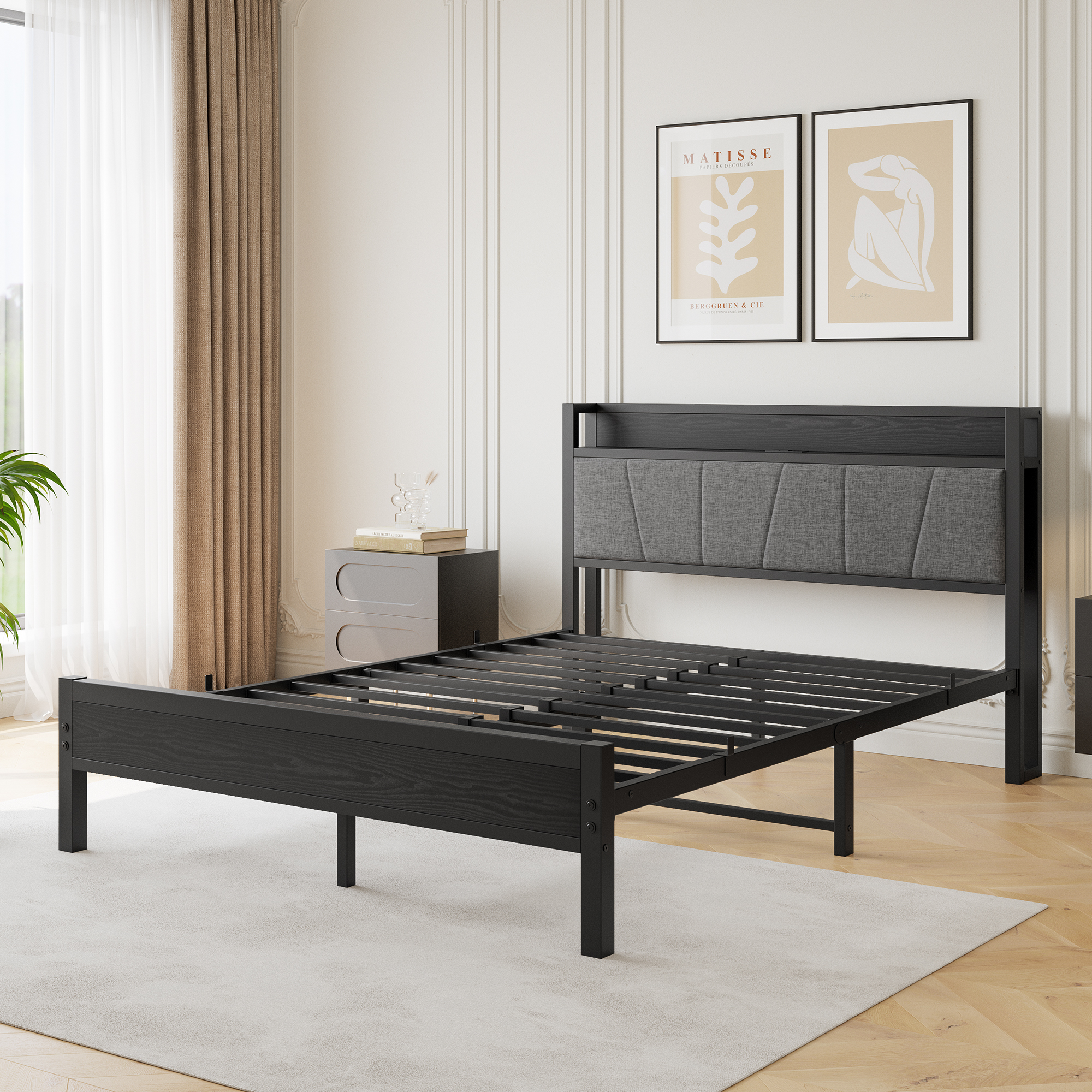 Queen Size Bed Frame, Storage Headboard with Charging Station, Solid and Stable, Noise Free, No Box Spring Needed, Easy Assembly