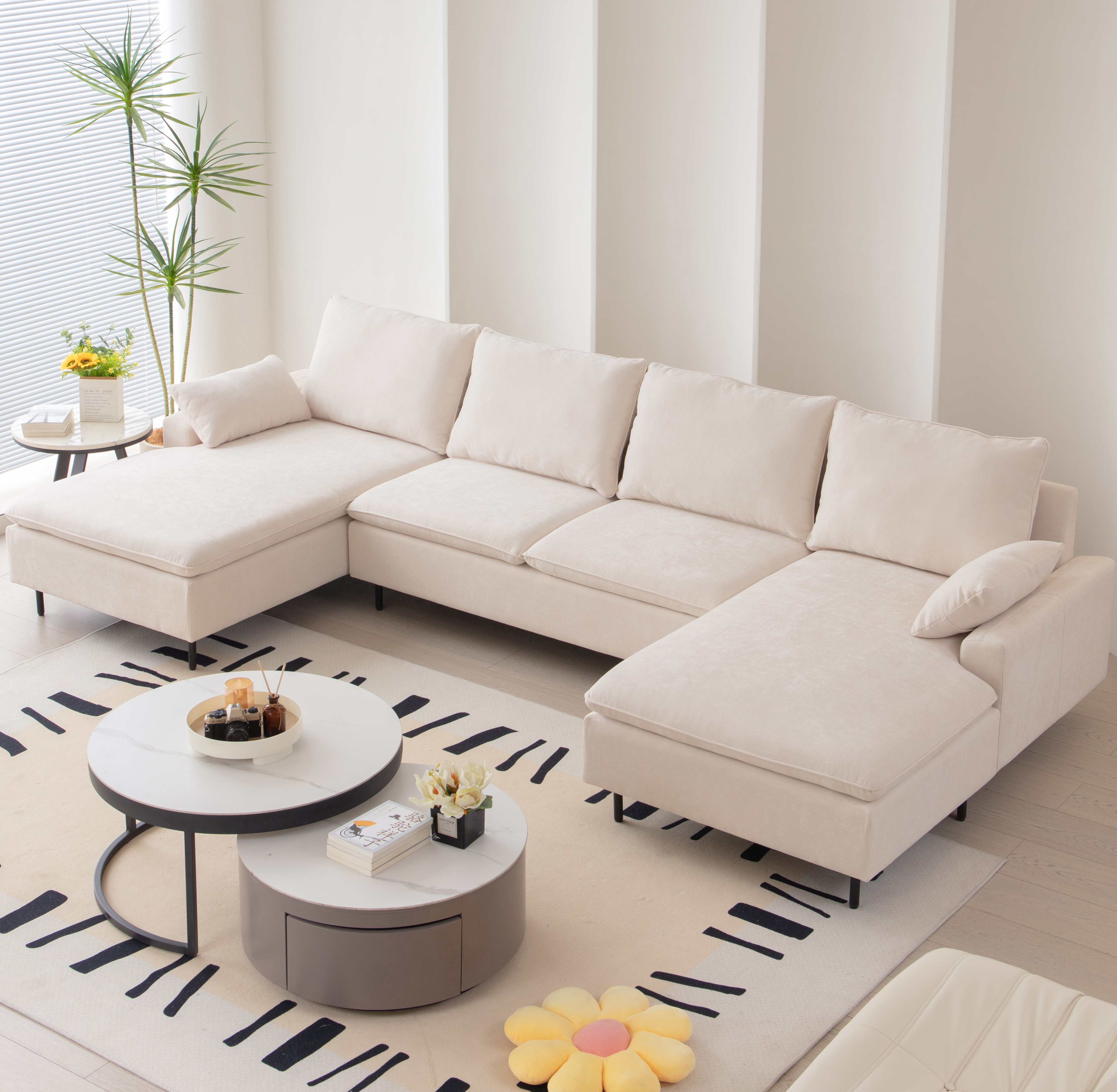 [VIDEO provided]U-Shaped linen sectional sofa with double chaises,Beige