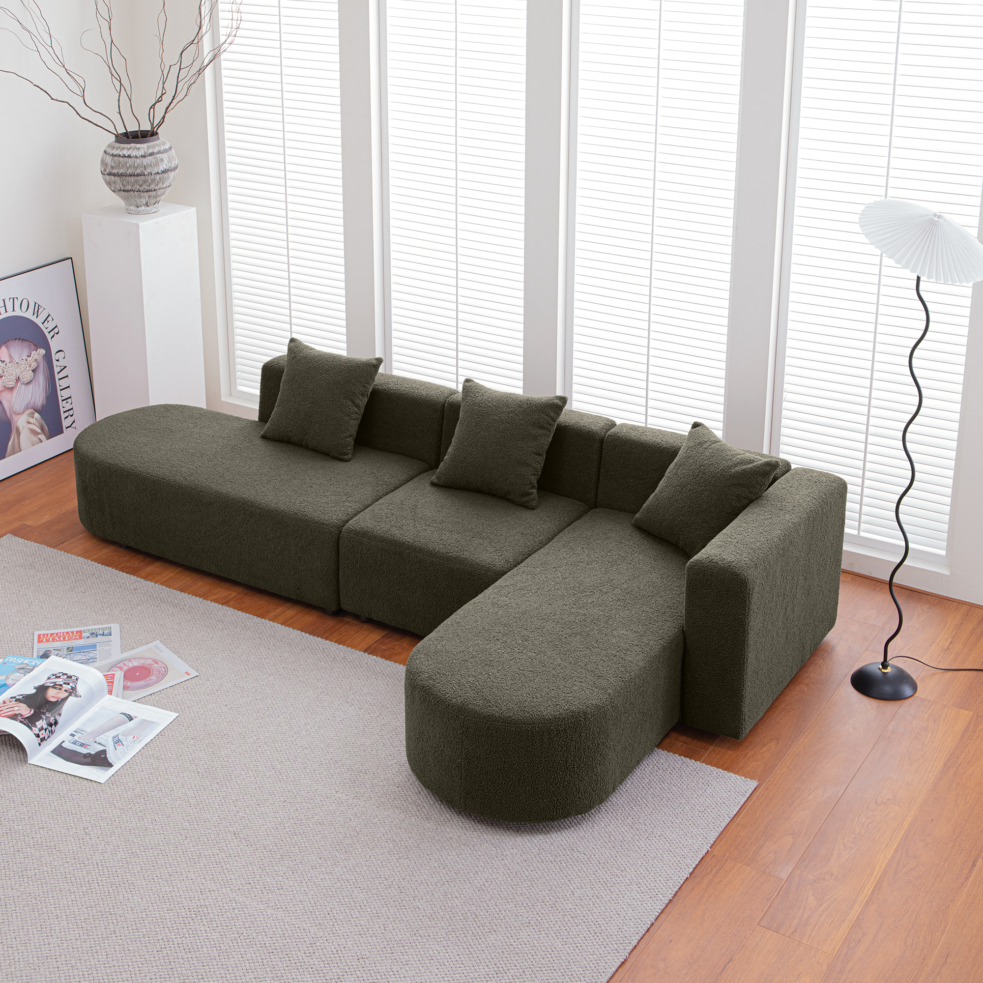 [VIDEO] provided]Modern  L shape boucle Sofa with curved seat (facing right)