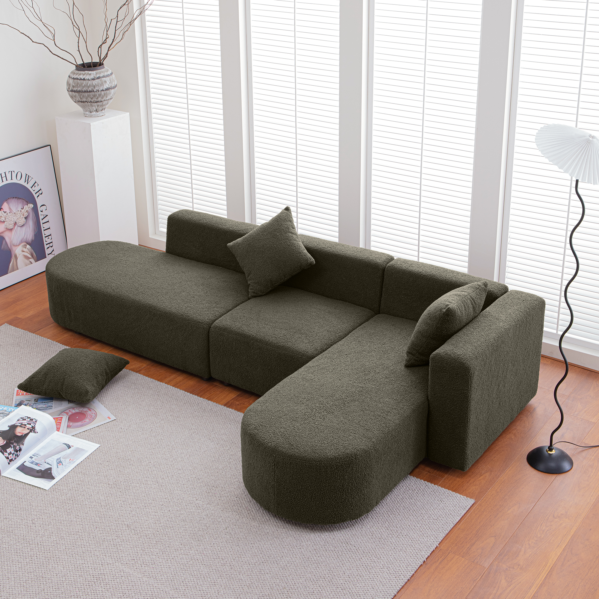 [VIDEO] provided]Modern  L shape boucle Sofa with curved seat (facing right)