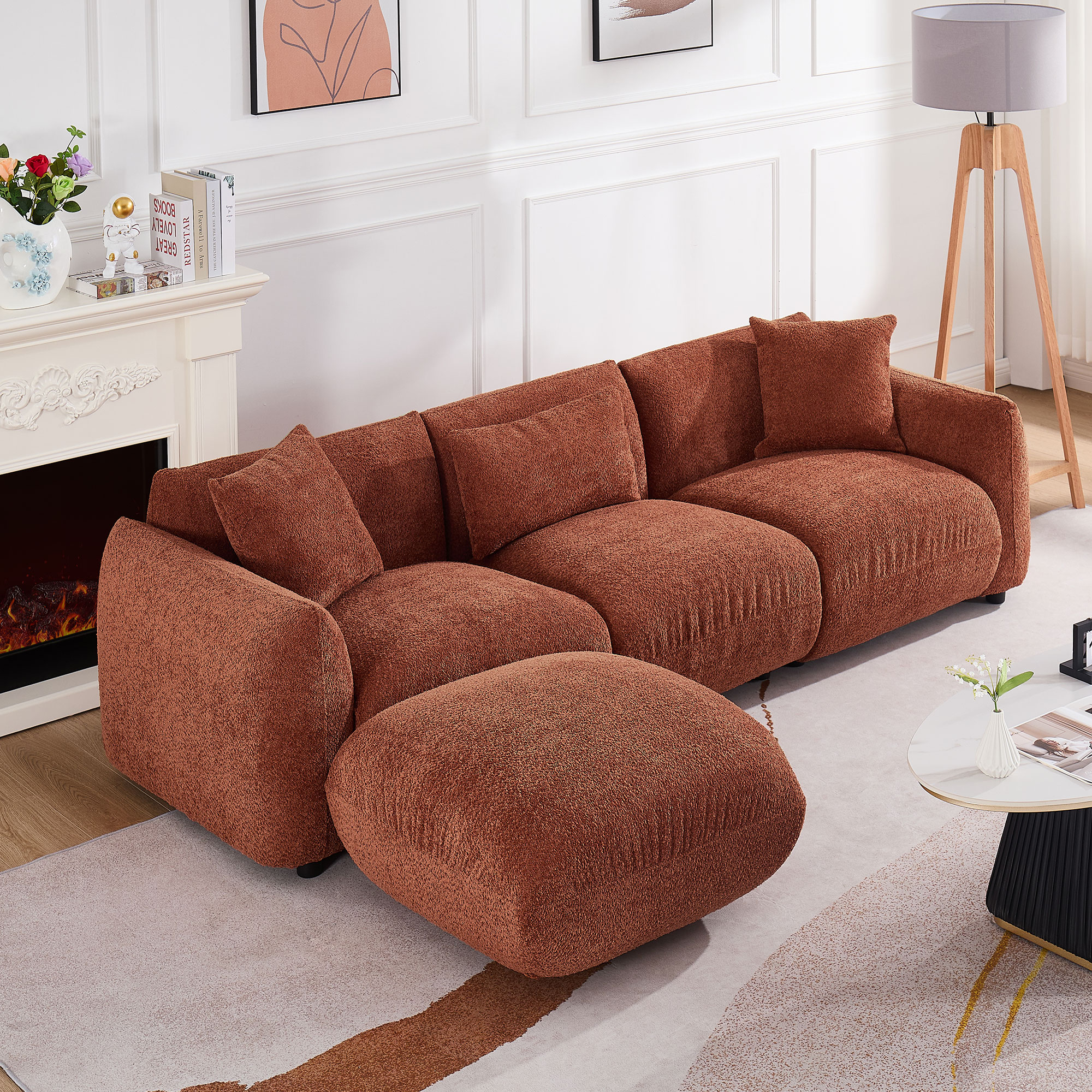 Mid Century Modern Couch 3-Seater Sofa with Ottoman Soft Padded Seat  Upholstered Footrest Stool Ottoman Foot Stool for Living Room, Bedroom. Orange