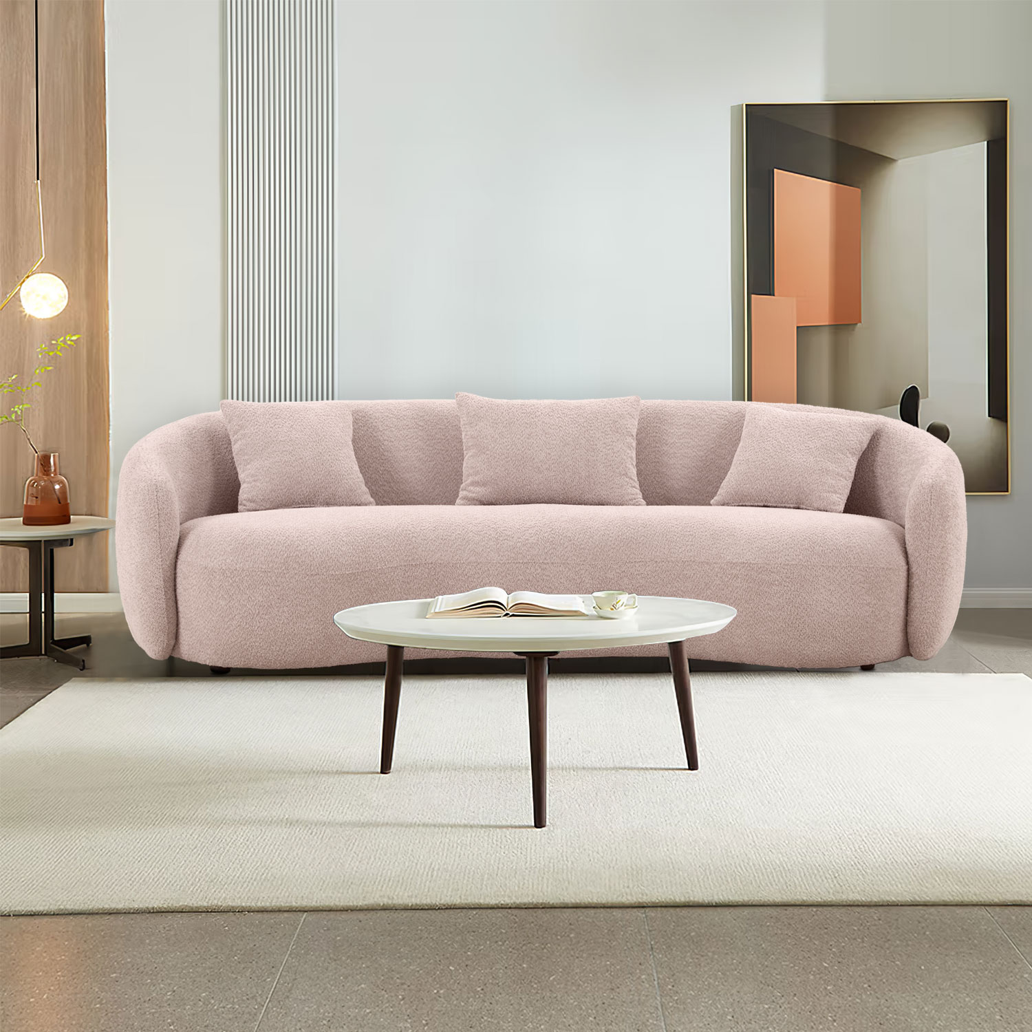 93.6'' Mid Century Modern Curved Living Room Sofa, 4-Seat Boucle Fabric Couch for Bedroom, Office, Apartment,Pink