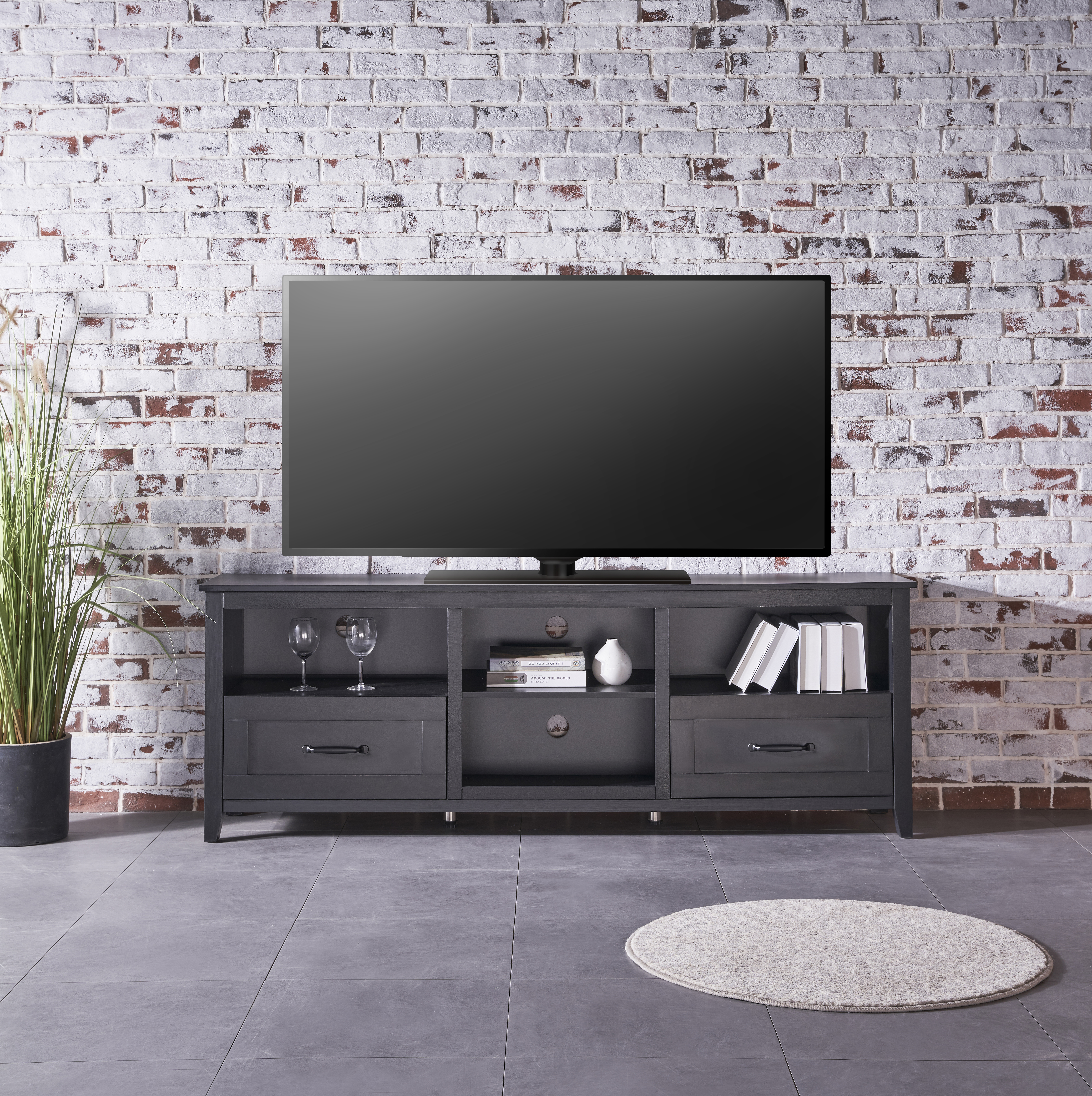 70.08 Inch Length Black TV Stand for Living Room and Bedroom, with 2 Drawers and 4 High-Capacity Storage Compartment.-Boyel Living