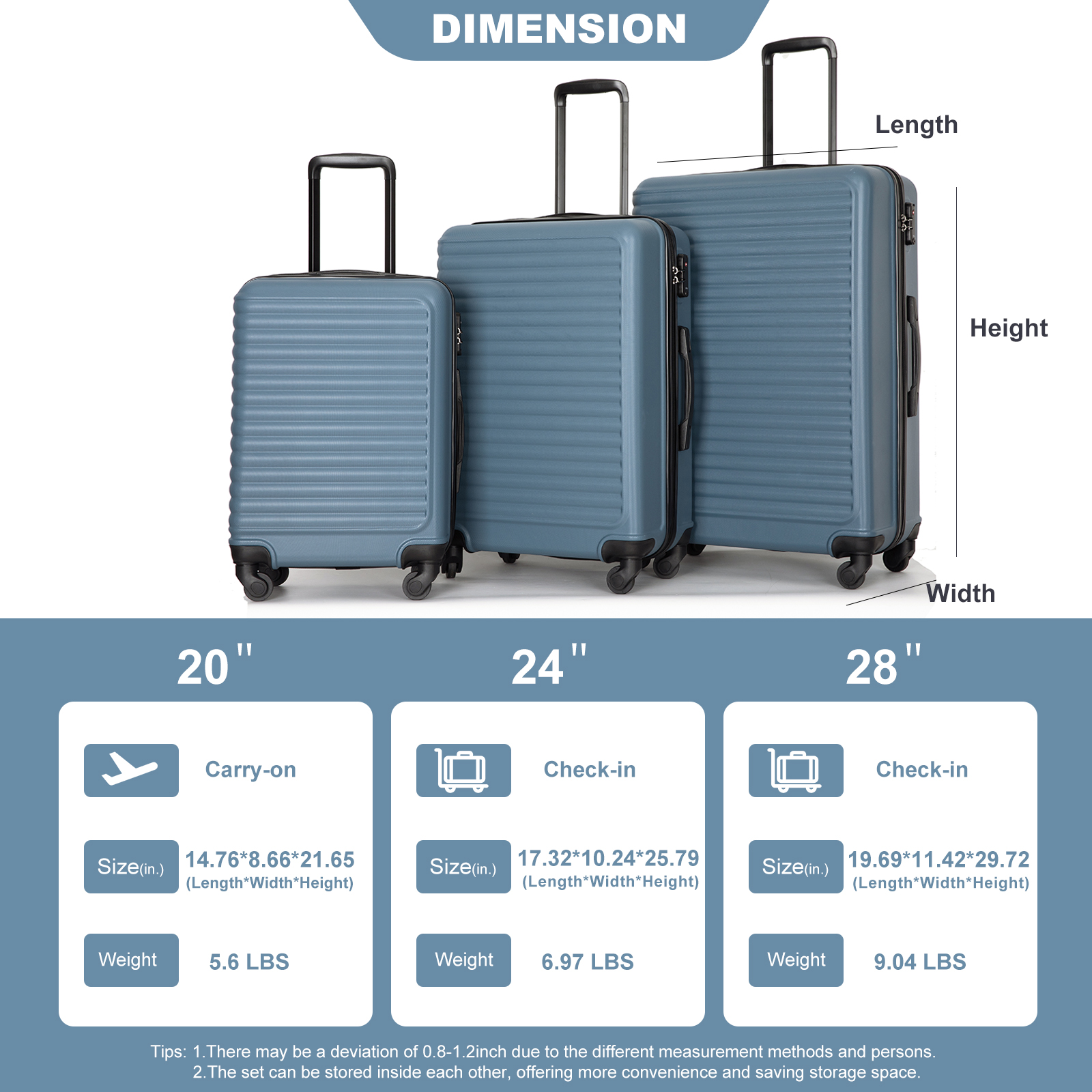 3 Piece Luggage Sets ABS Lightweight Suitcase with Two Hooks, Spinner Wheels, TSA Lock, (20/24/28) Blue